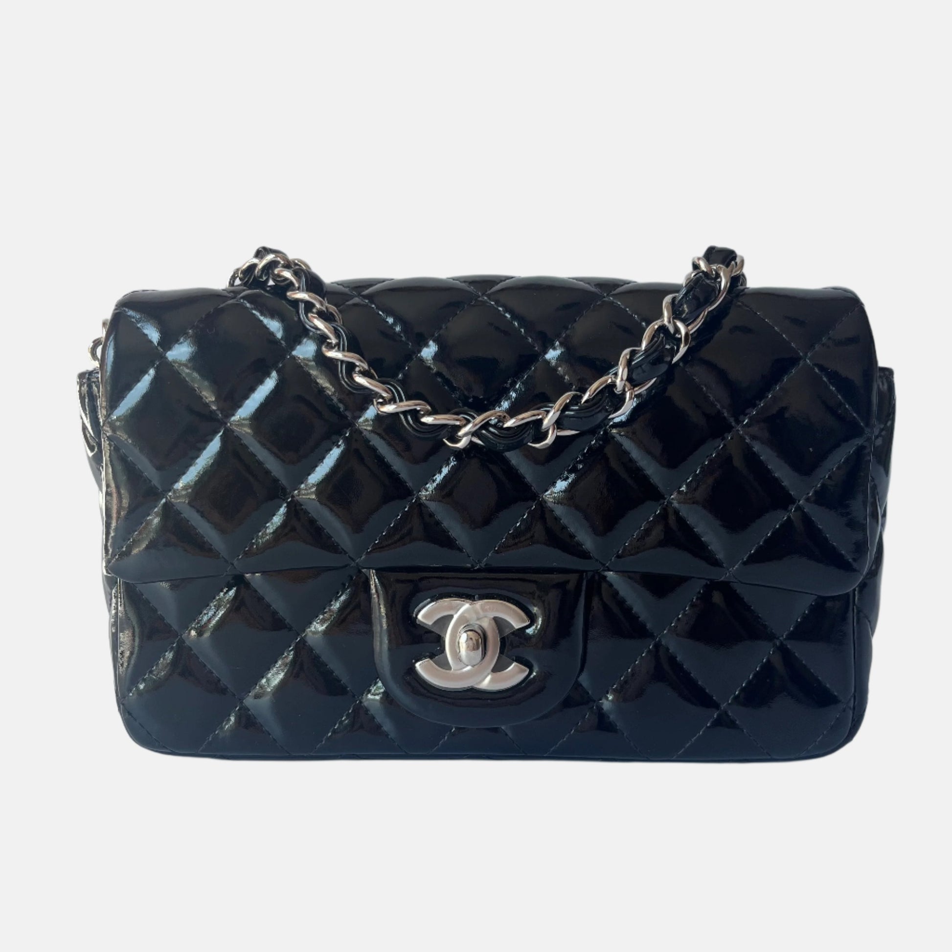 Chanel Classic Flap Rectangular Patent Hardware Black Silver Leather Mini Bag Silver Hardware