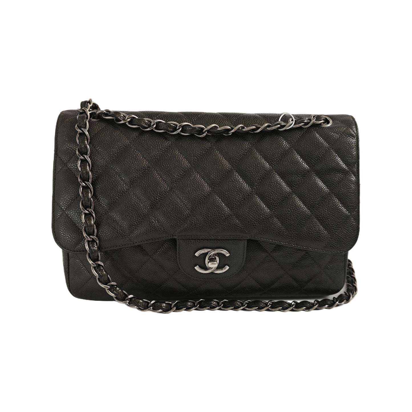 Chanel Classic Flap Jumbo Dark Caviar Double Green Silver Leather Handbag