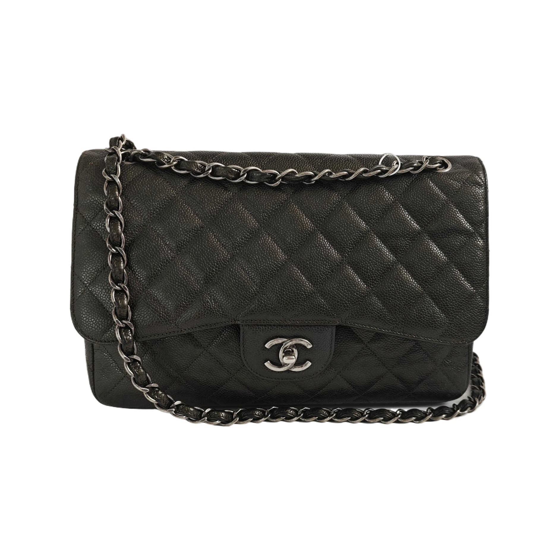 Chanel Classic Flap Jumbo Dark Caviar Double Green Silver Leather Handbag