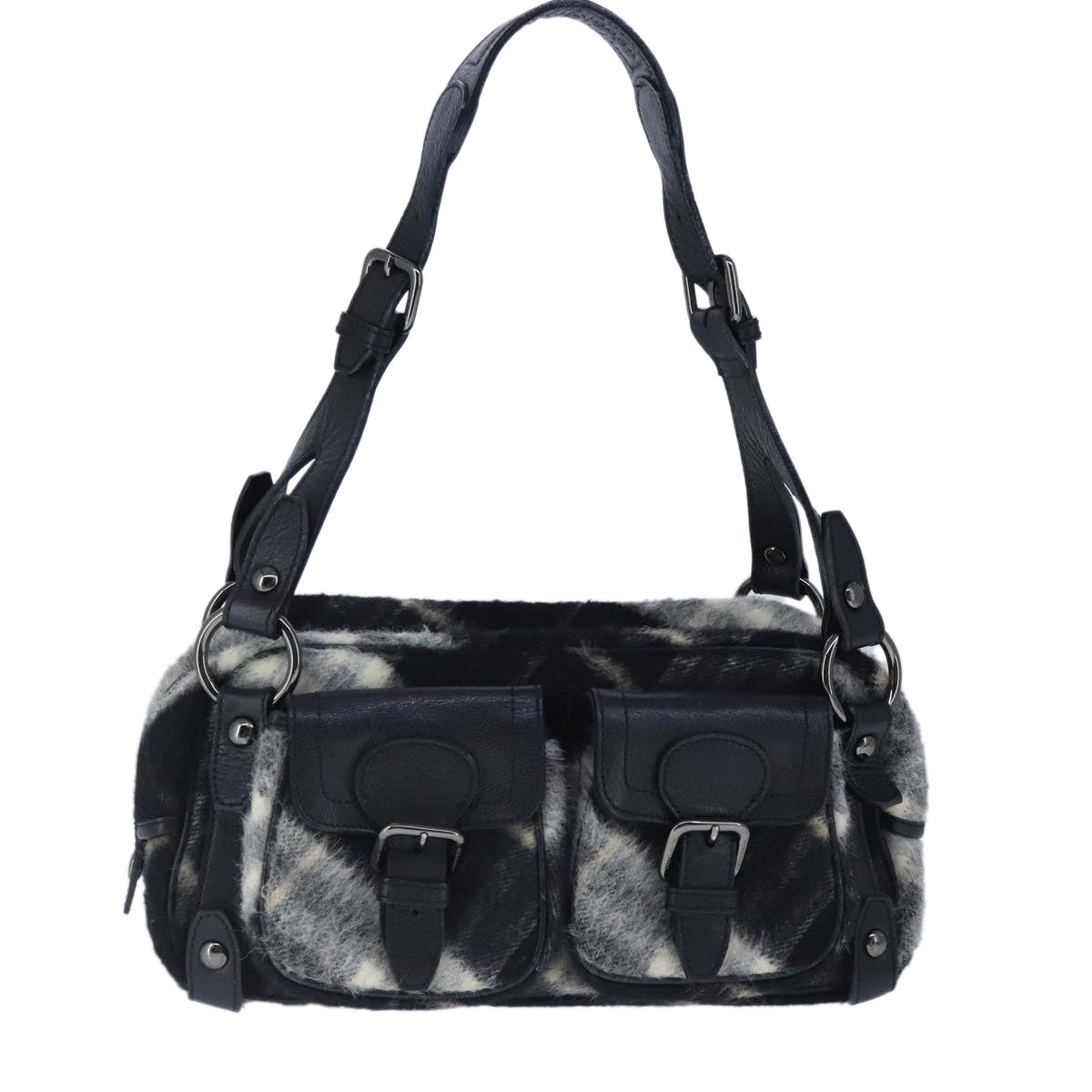 Burberry Label Wool Shoulder Bag Black Blue