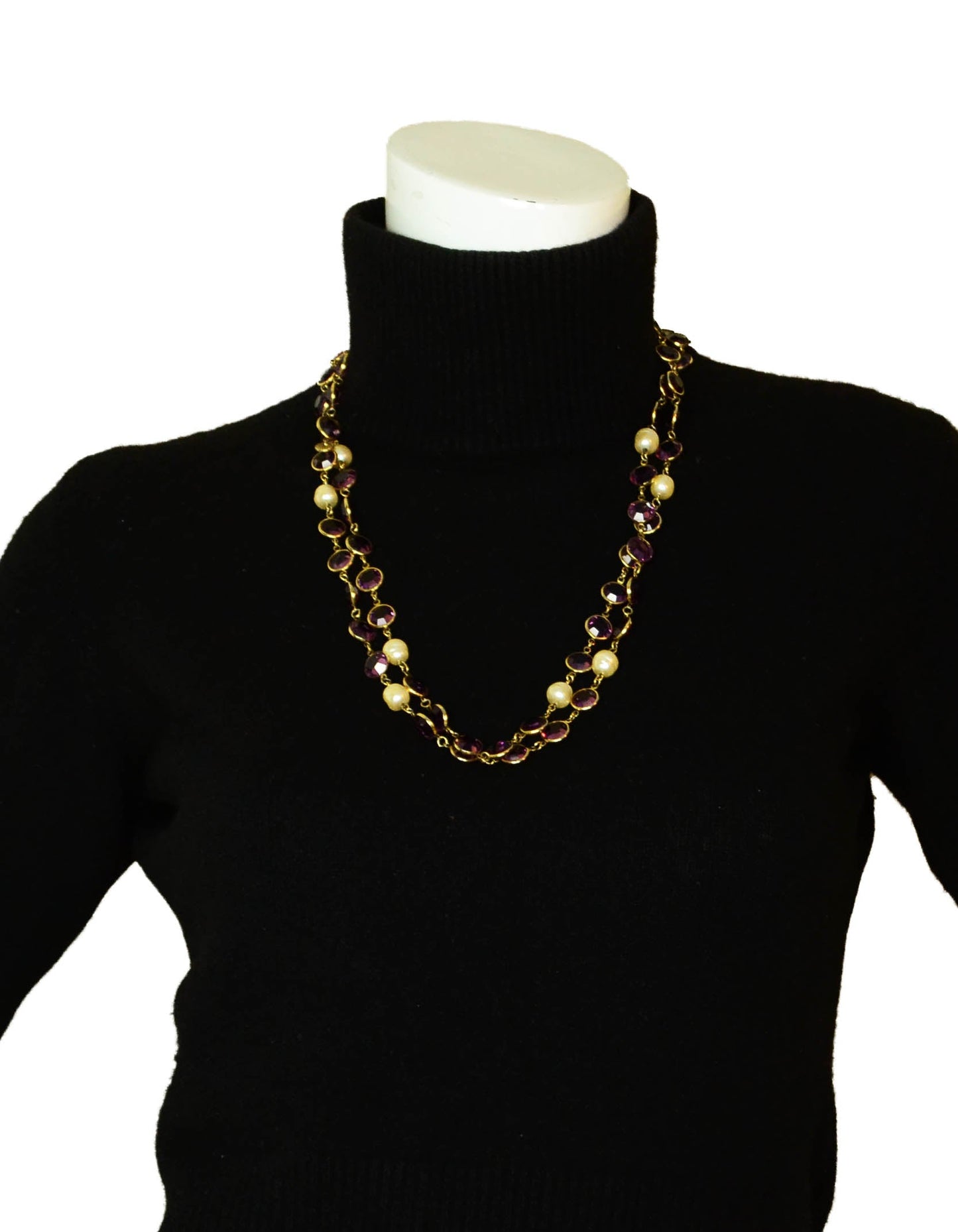 Chanel 1981 Faux Pearl & Purple Crystal Sautoir 54" Necklace