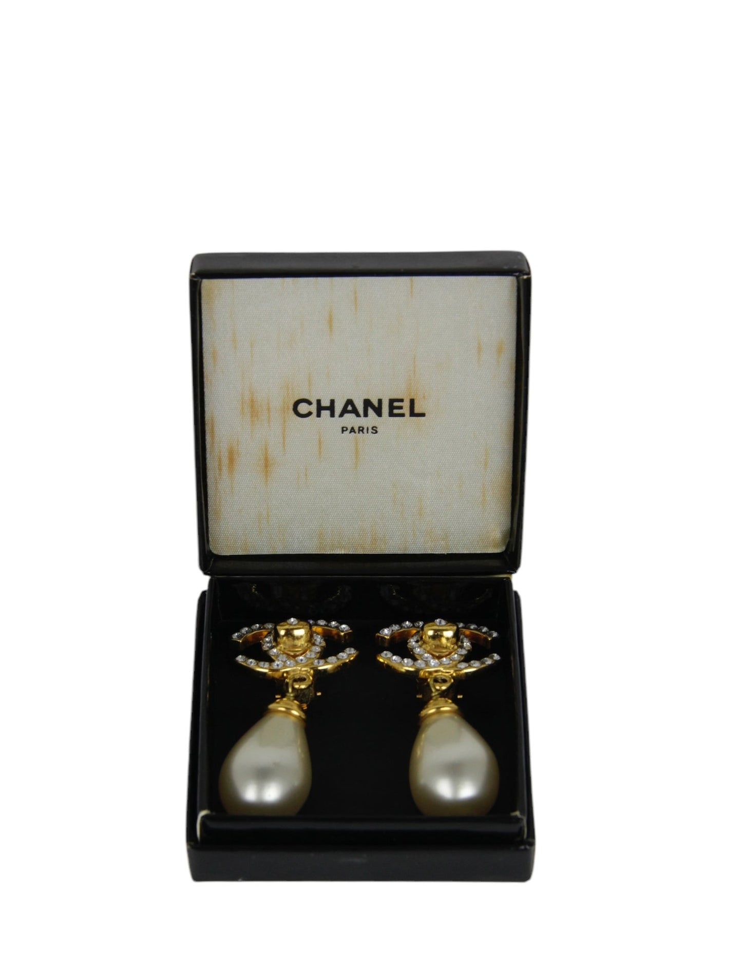 Chanel Crystal Cc & Pearl Hanging Clip Earrings
