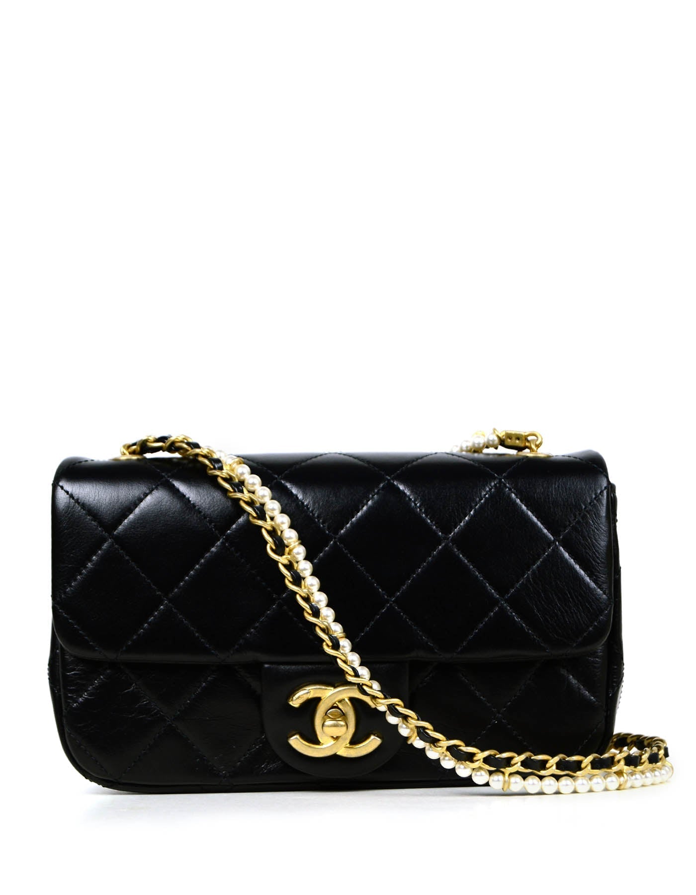 Chanel Black Calfskin Crystal Pearls Small Mini Flap Crossbody Bag