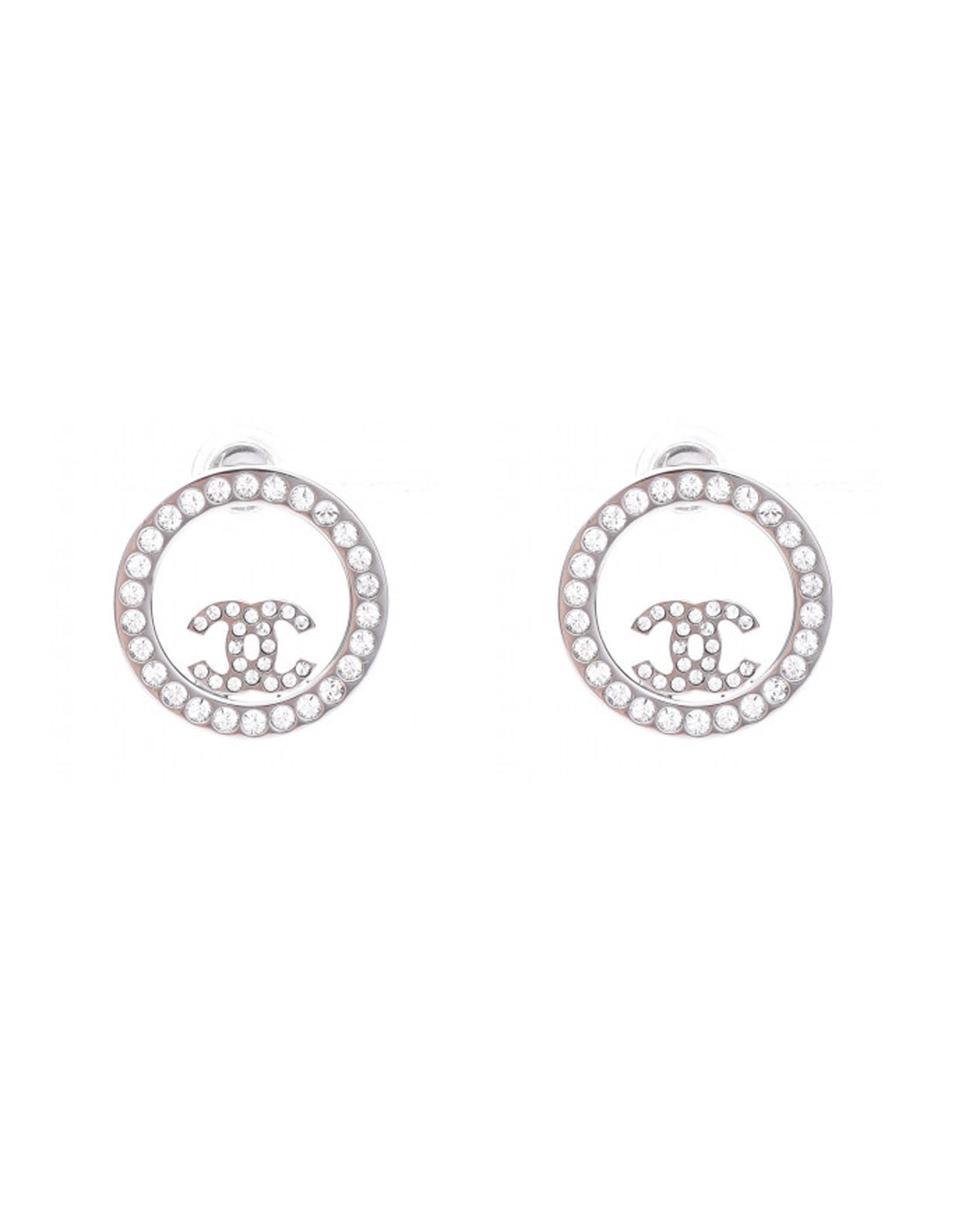 Chanel Silver Crystal Round CC Pierced Earrings
