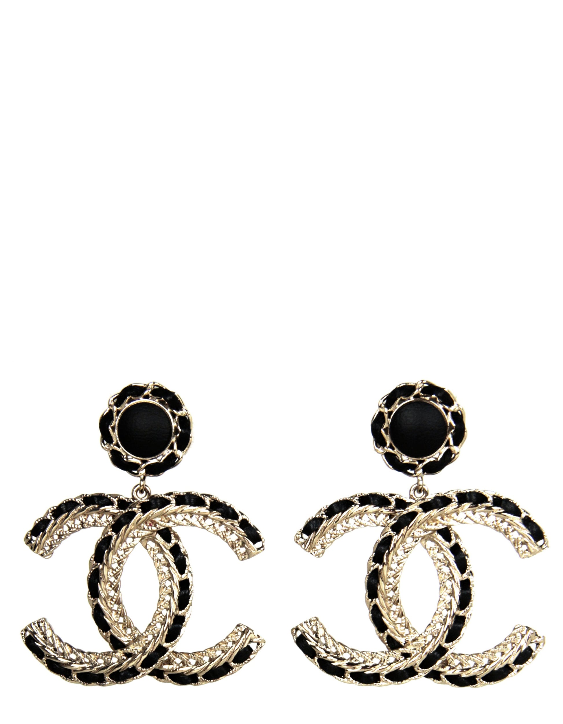 Chanel Gold/Black Leather Large Hanging Cc Earrings