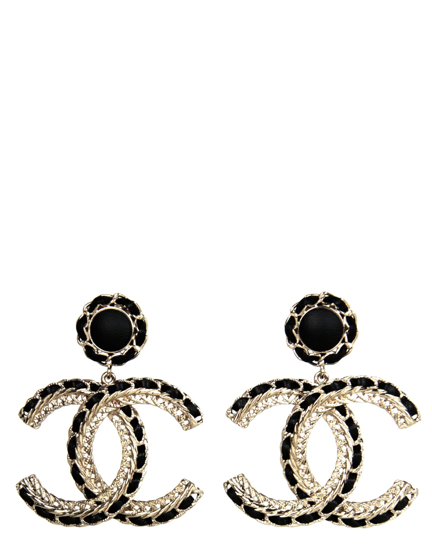 Chanel 2022 Gold/Black Leather Large hanging CC Earrings
