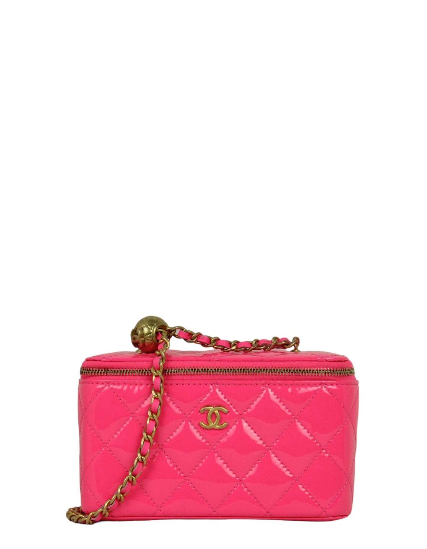 Chanel Neon Pink Patent Pearl Crush Small Vanity Case Handbag
