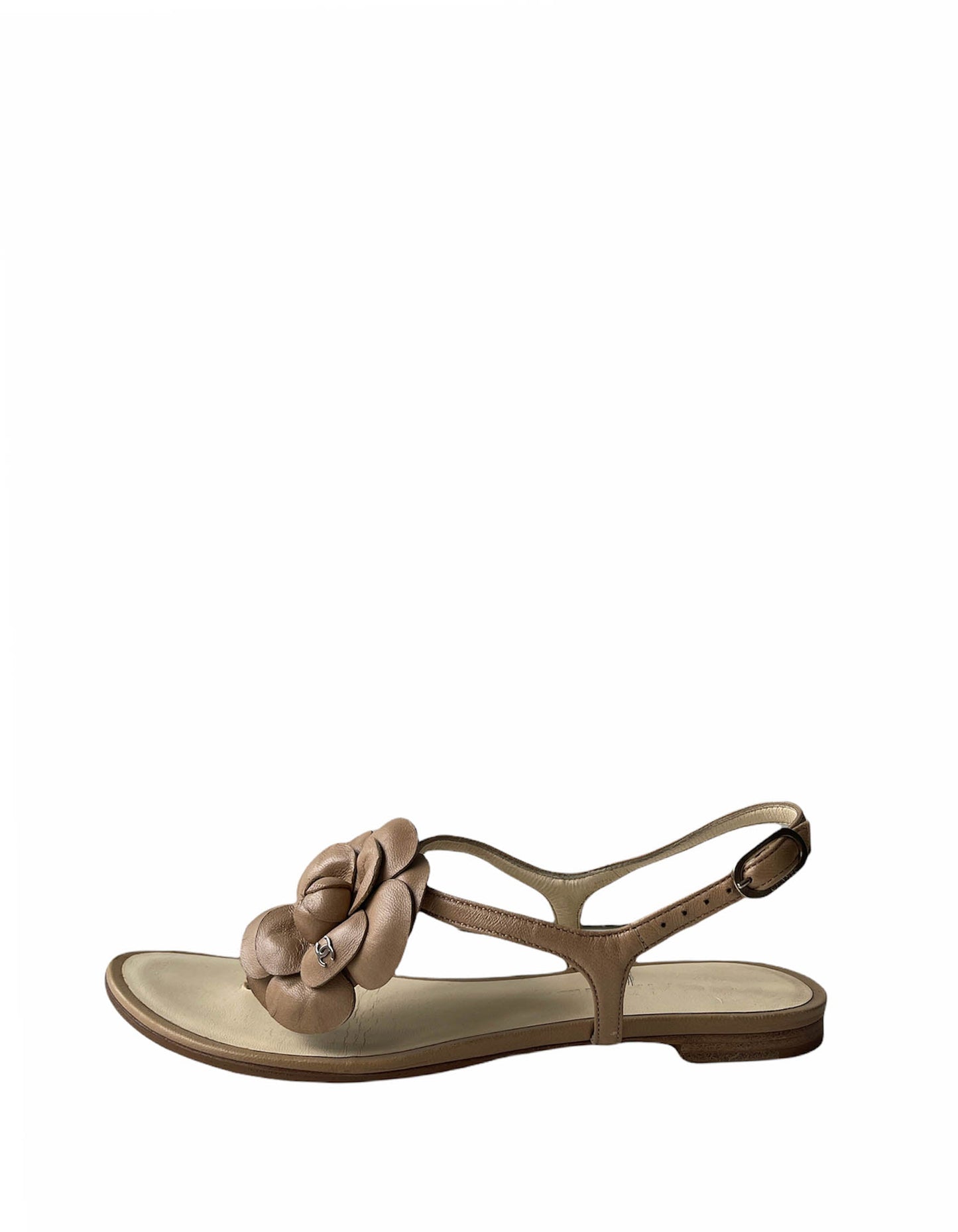 Chanel Beige Leather Camelia CC Thong Sandals Sz 35.5 for Women