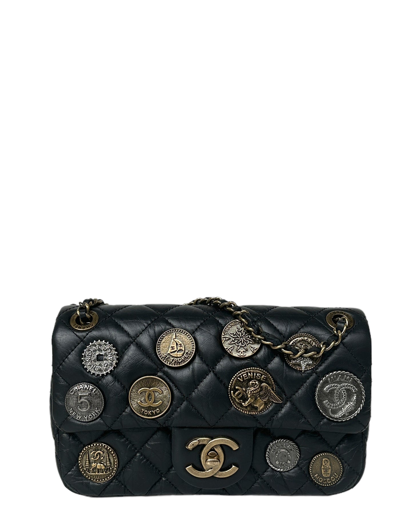 Chanel Black Calfskin Leather Quilted World Coin Charm Flap Bag