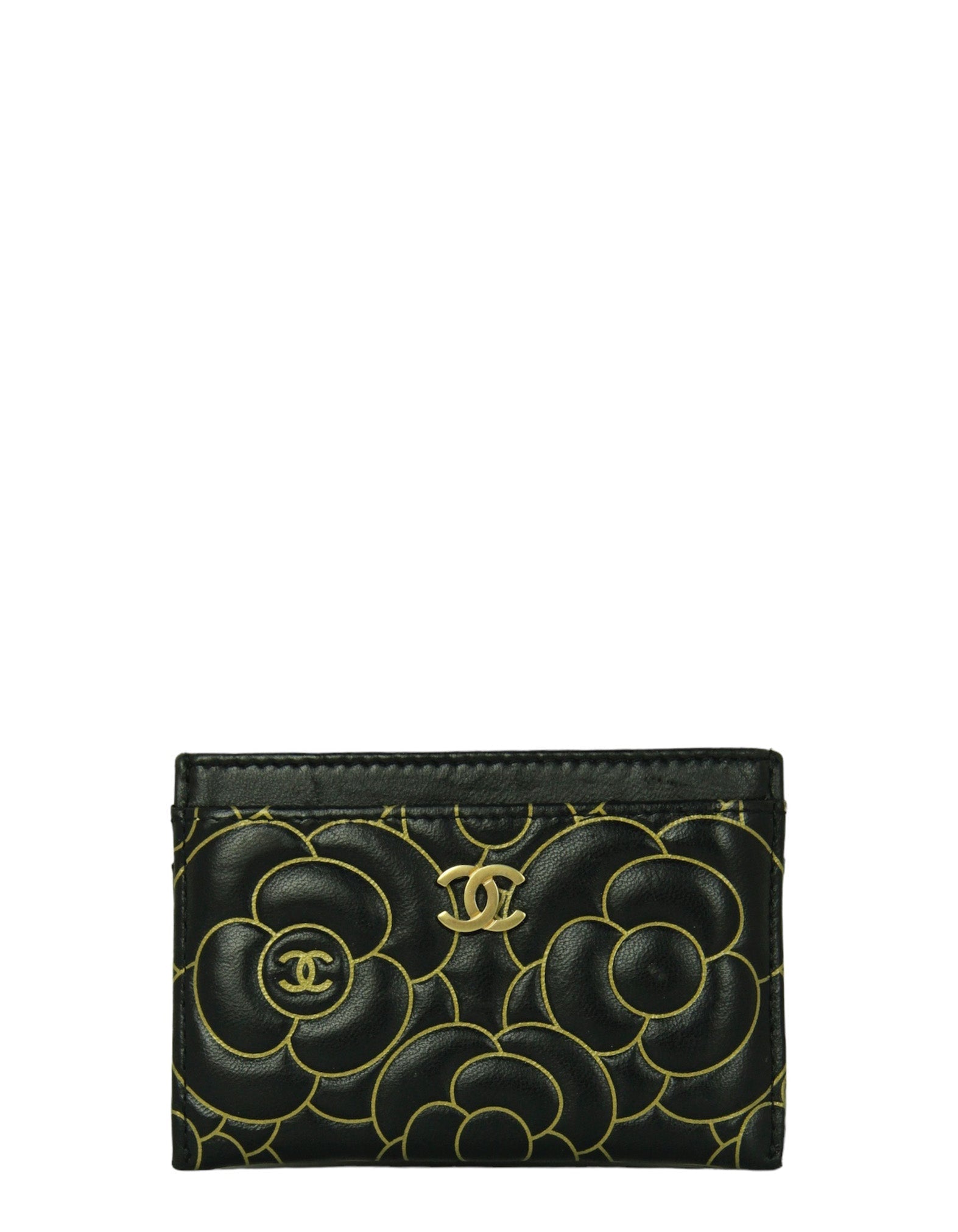 Chanel Black Goatskin Camellia Embossed Card Holder Handbag