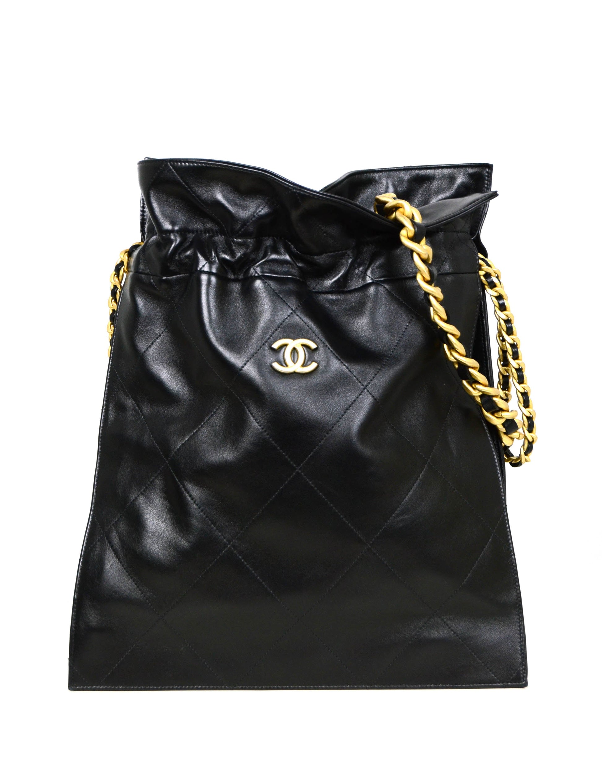 Chanel Black Shiny Lambskin Leather Chain Drawstring Tote Bag
