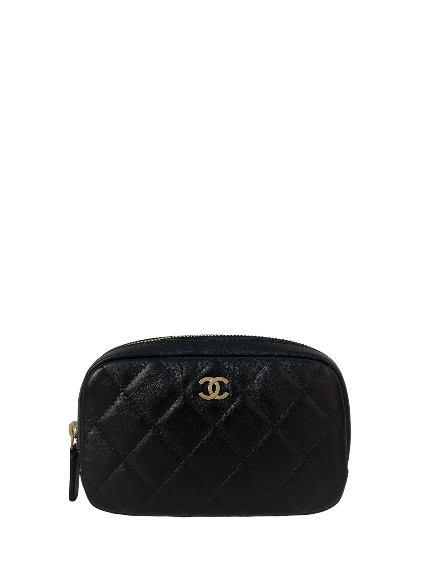 Chanel Black Lambskin Leather Quilted O Case Pouch Handbag