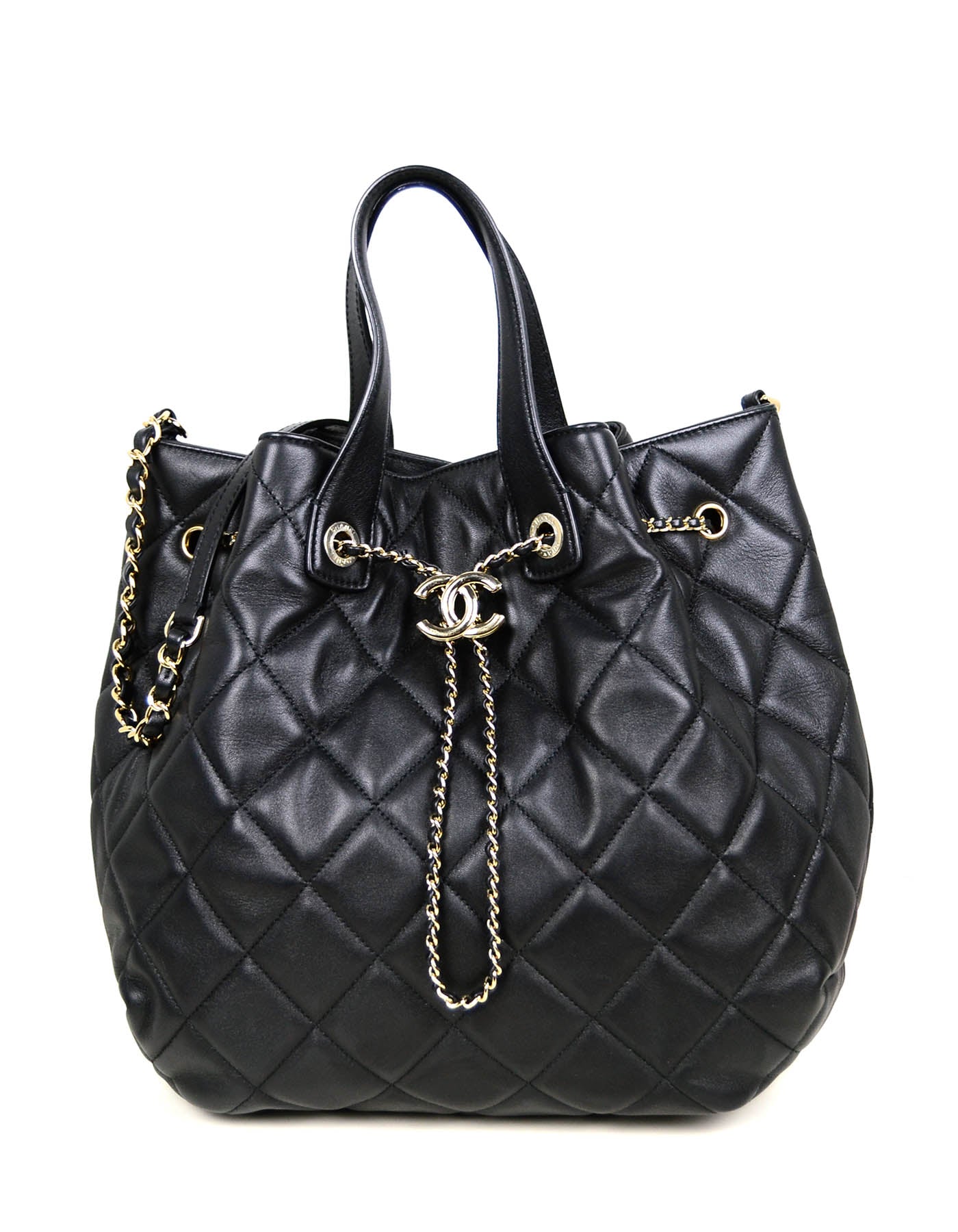 Chanel Black Lambskin Quilted Cc Dweller Drawstring Bucket Tote Bag