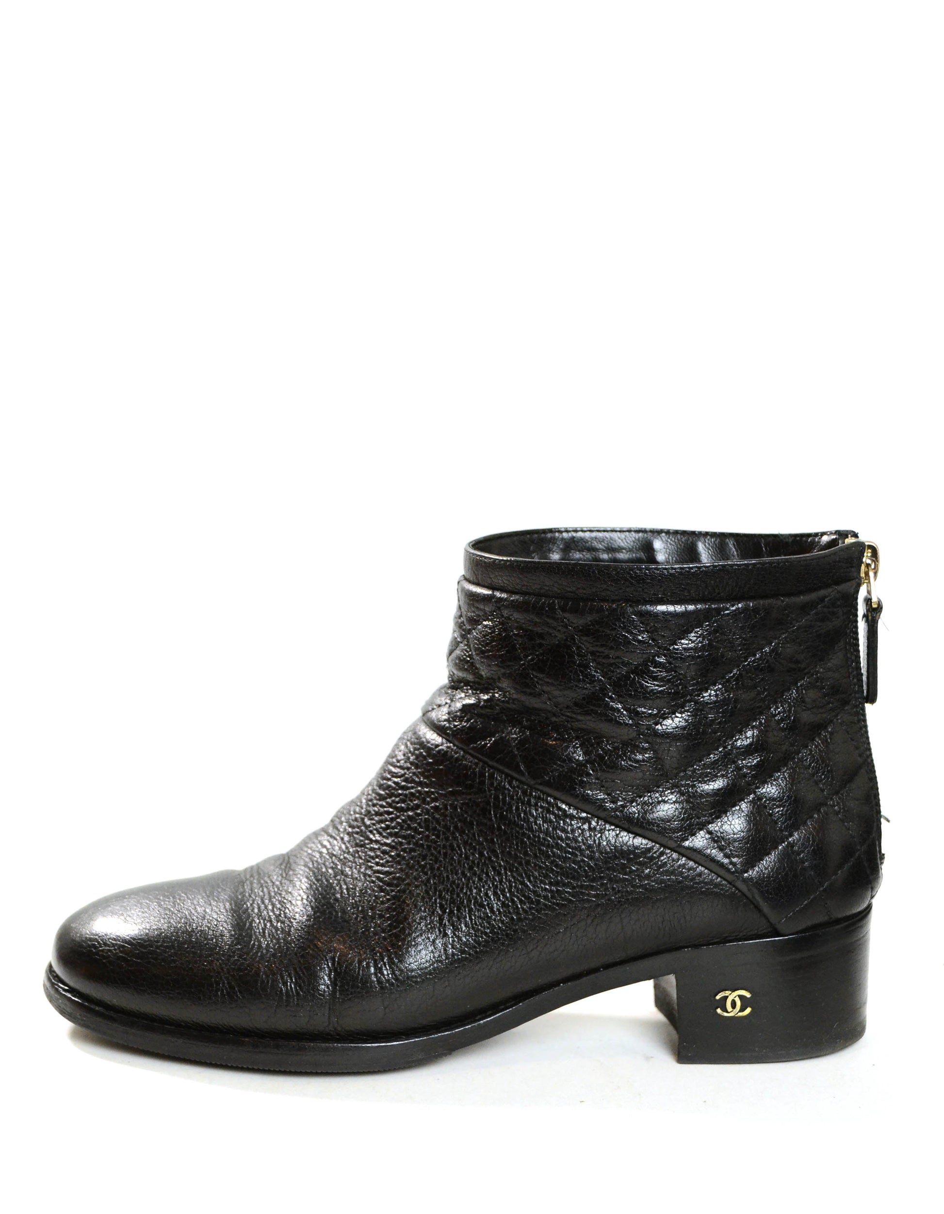 Chanel Black Quilted Leather Ankle Booties Sz 38.5 for Women Women's Shoes