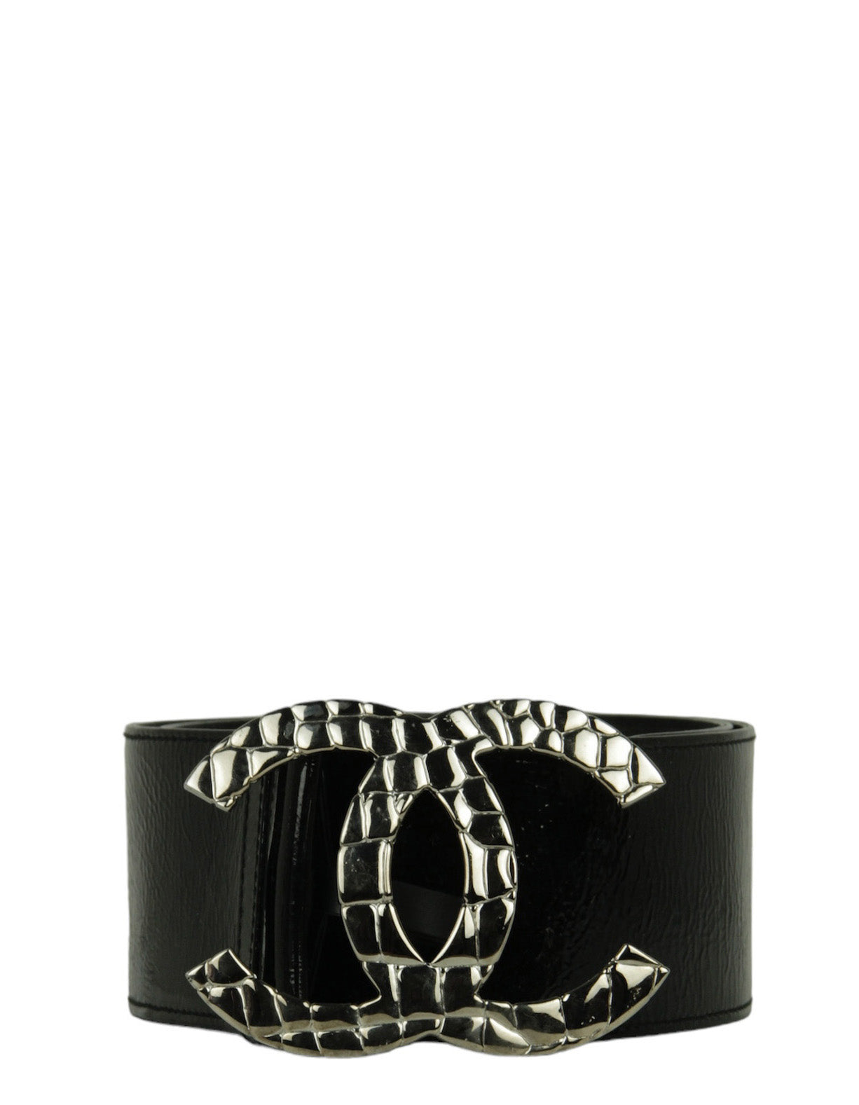 Chanel Black Patent Leather Quilted Cc Logo Wide Belt Sz 80/32" Bag