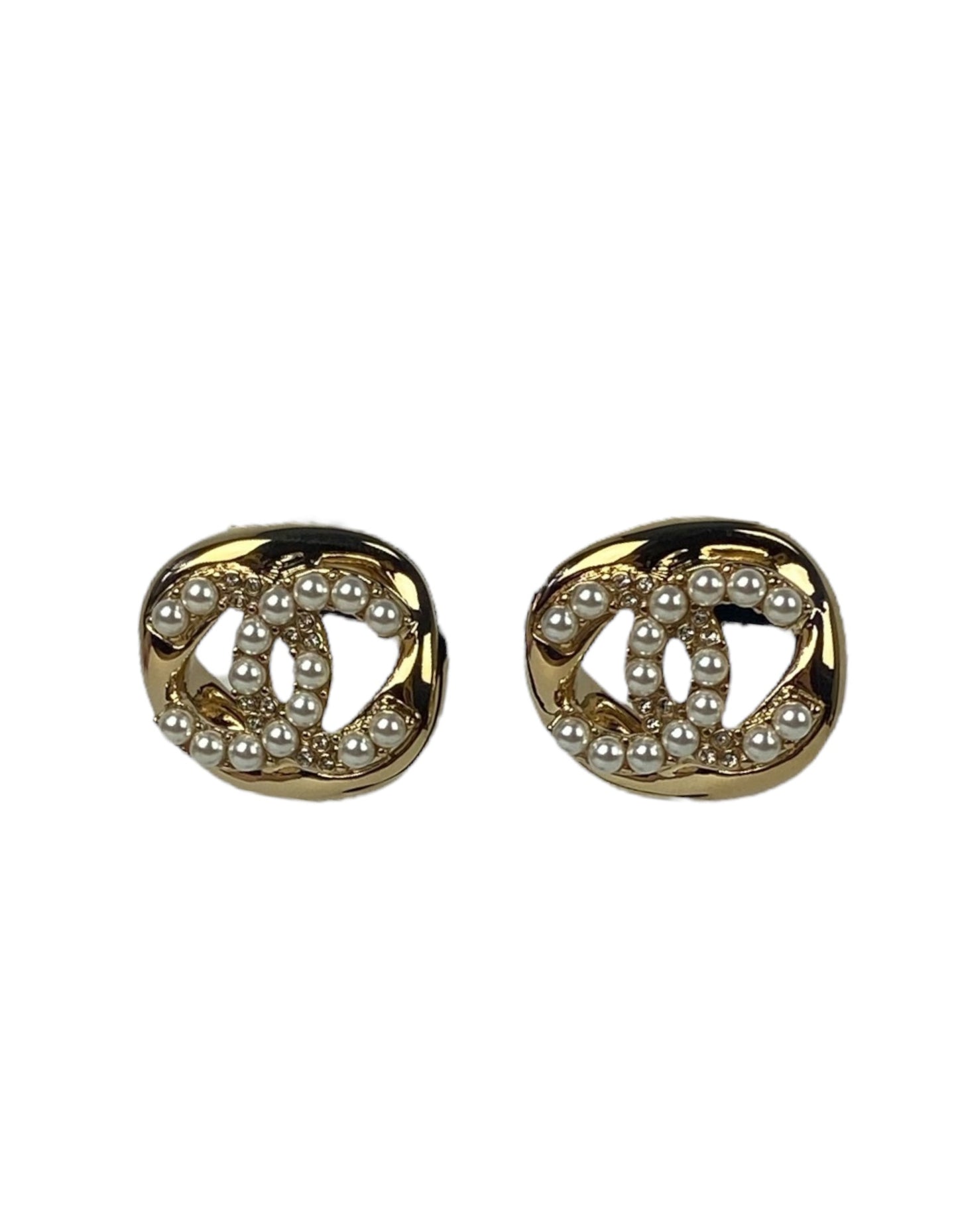 Chanel Metal Pearl CC Pierced Earrings