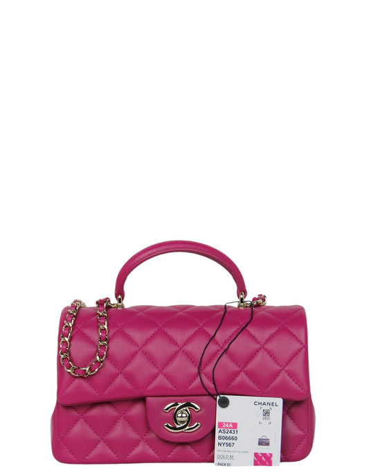 Chanel NWT '24 Fuchsia Lambskin Quilted Mini Top Handle Rectangular Flap