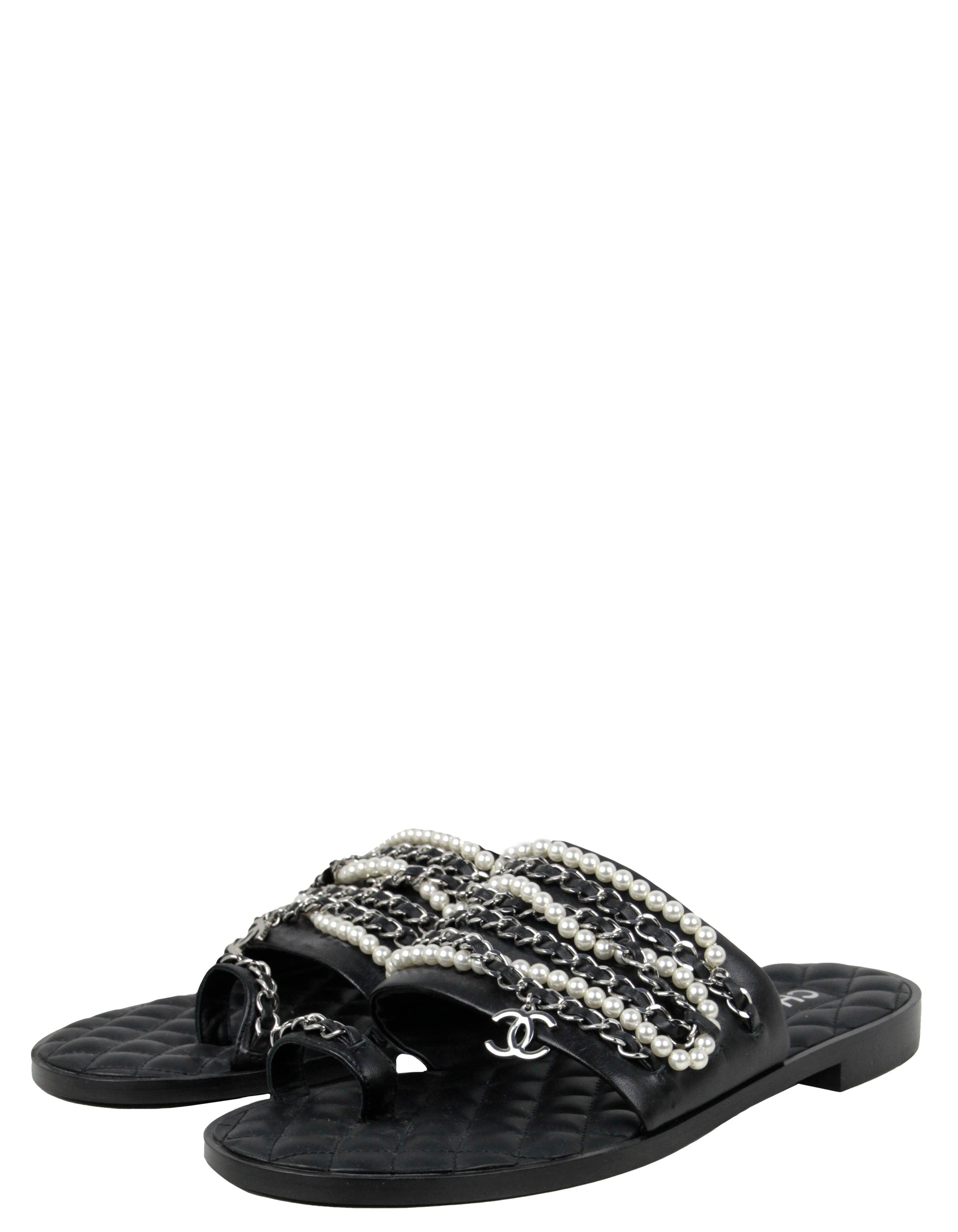 Chanel Pearl and Leather Laced Chain Sandals Sz 39C for Women