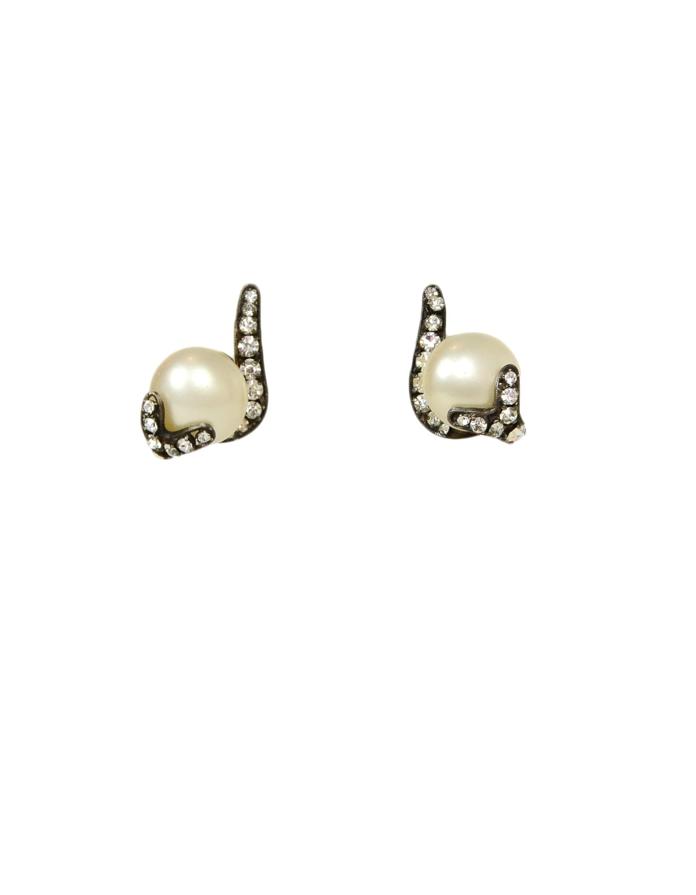 Chanel Grey Faux Pearl Earrings W/ Strass Crystals