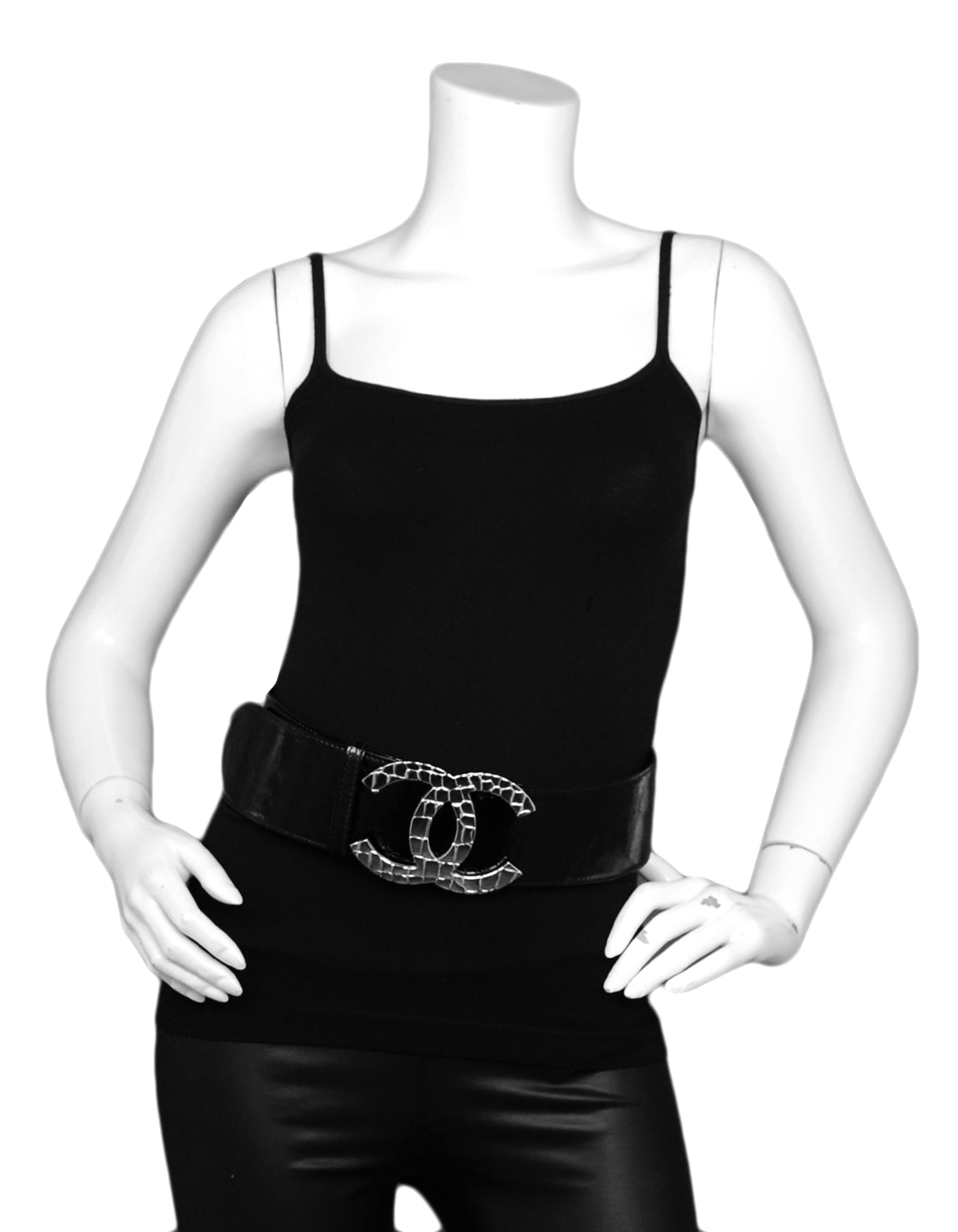 Chanel Black Patent Leather Wide Belt With Quilted Cc Logo Sz 80/32 Bag