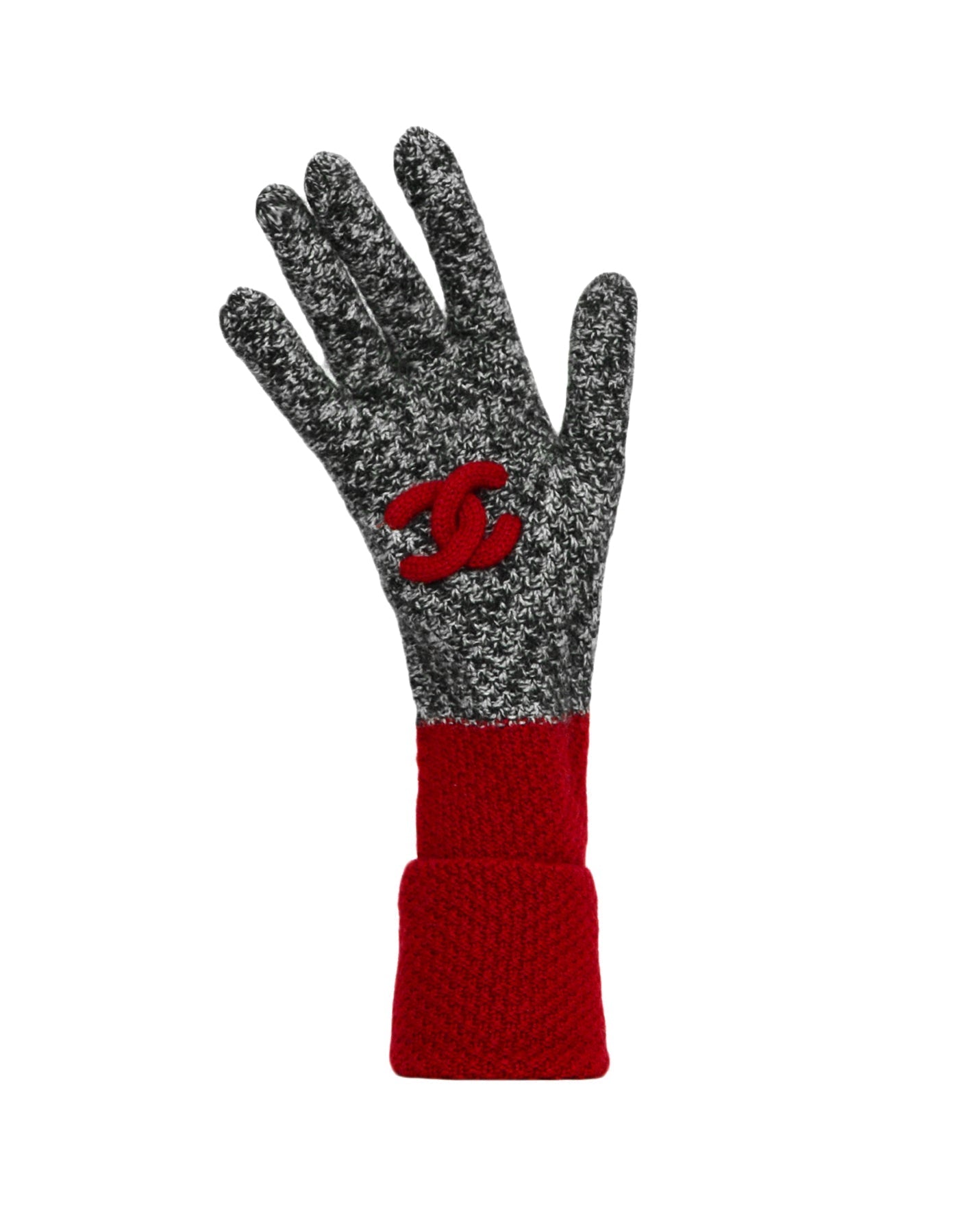 Chanel Black & White Cashmere W/ Red Trim Knit Gloves With Puffy Cc Detail Sz S/M Bag