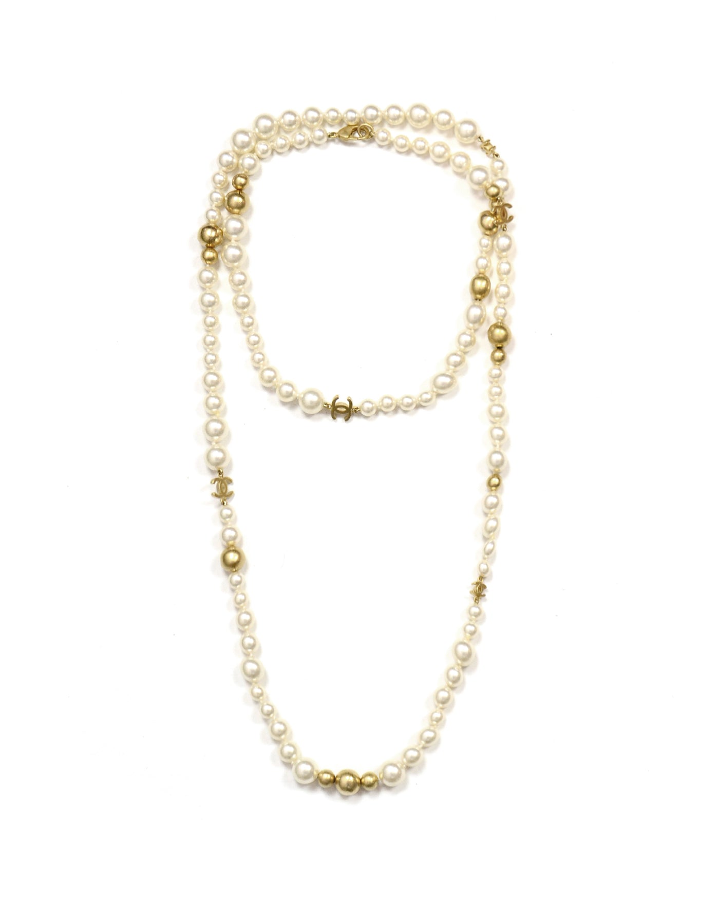 Chanel '07 Ivory/gold Faux Pearl And Gold Bead CC 46" Necklace