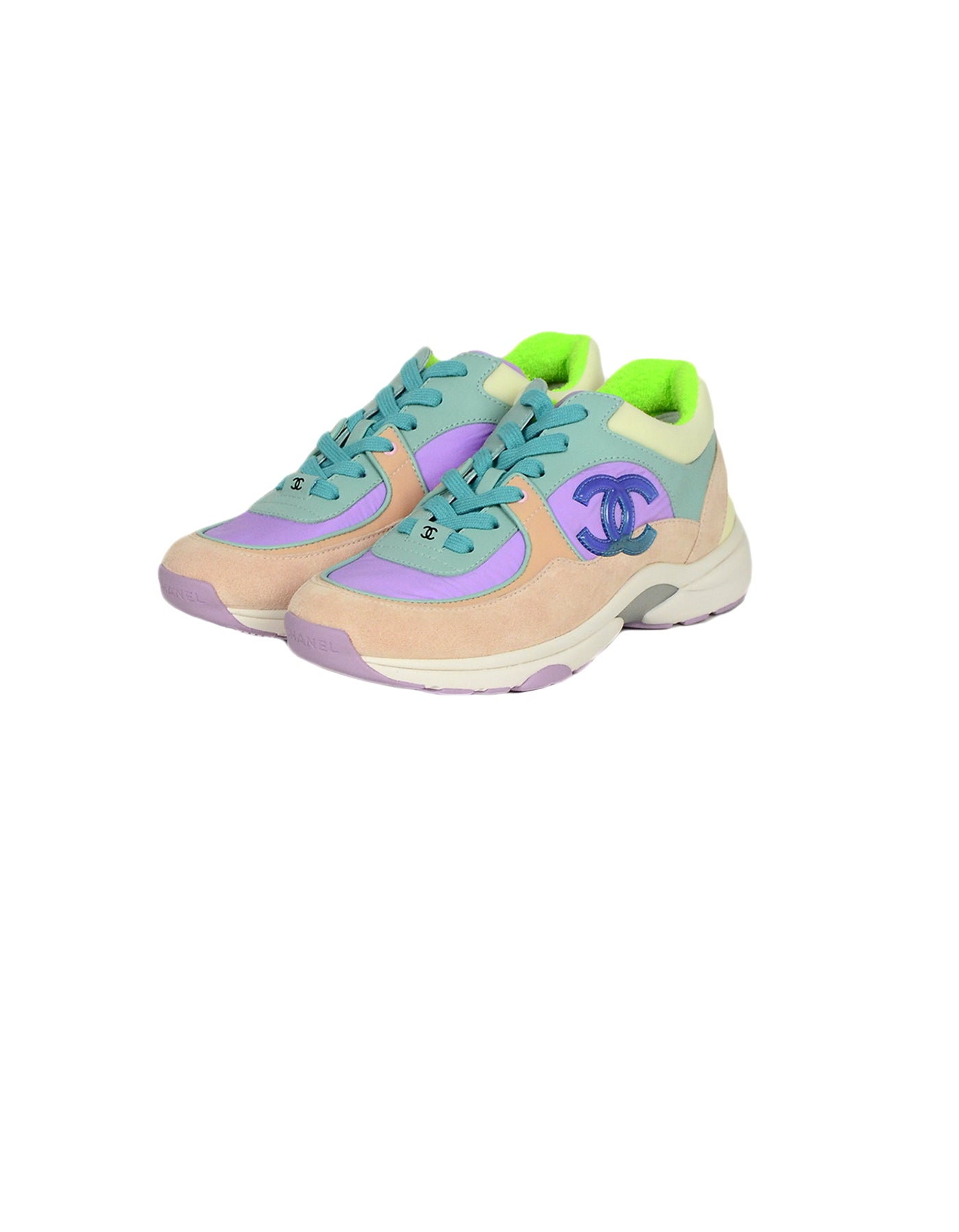Chanel Pastel Nylon/Lambskin/Suede Colorblock Cc Sneakers Sz 38 Nwt
