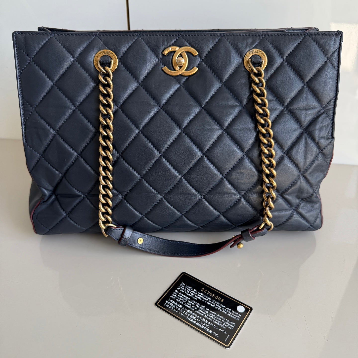 Chanel Perfect Edge Quilted Navy Antique Hardware Gold Leather Tote Bag