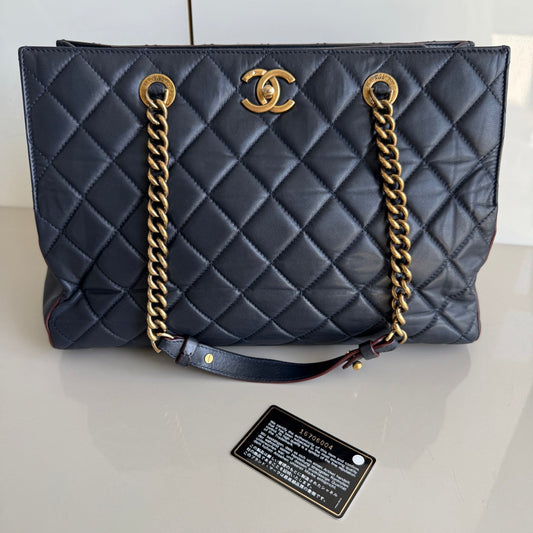Chanel Perfect Edge Quilted Navy Antique Hardware Gold Leather Tote Bag