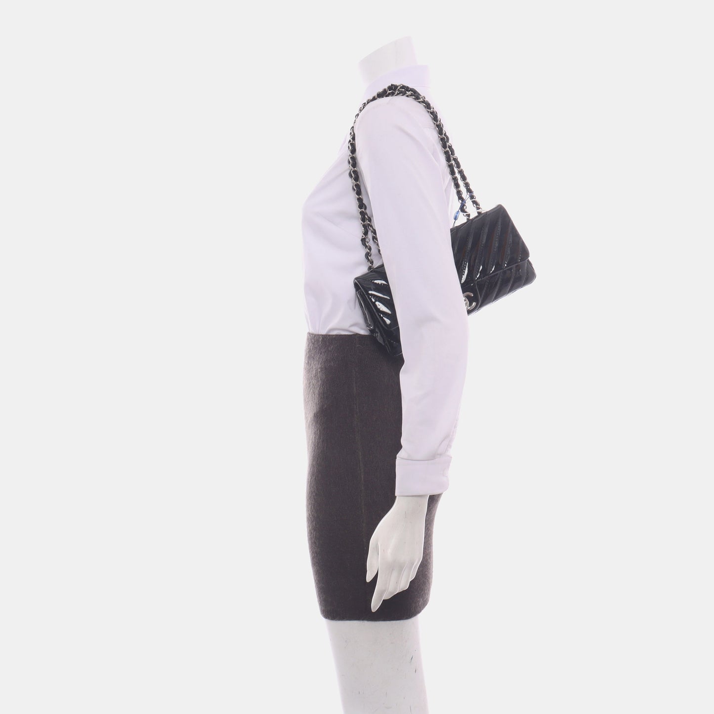 Chanel Baguette Flap Chevron Patent Double Black Silver Leather Shoulder Bag