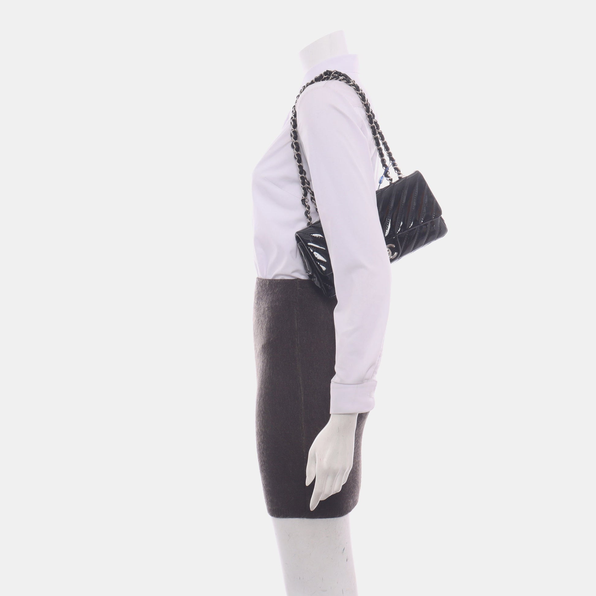 Chanel Baguette Flap Chevron Patent Double Black Silver Leather Shoulder Bag