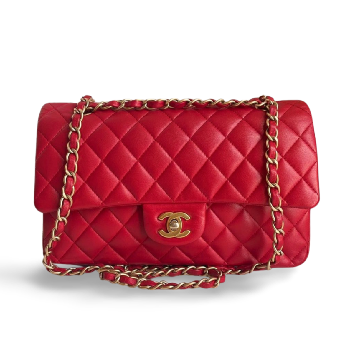 Chanel Red Timeless Flap Bag In Medium Size Lambskin Leather With Gold Hardware