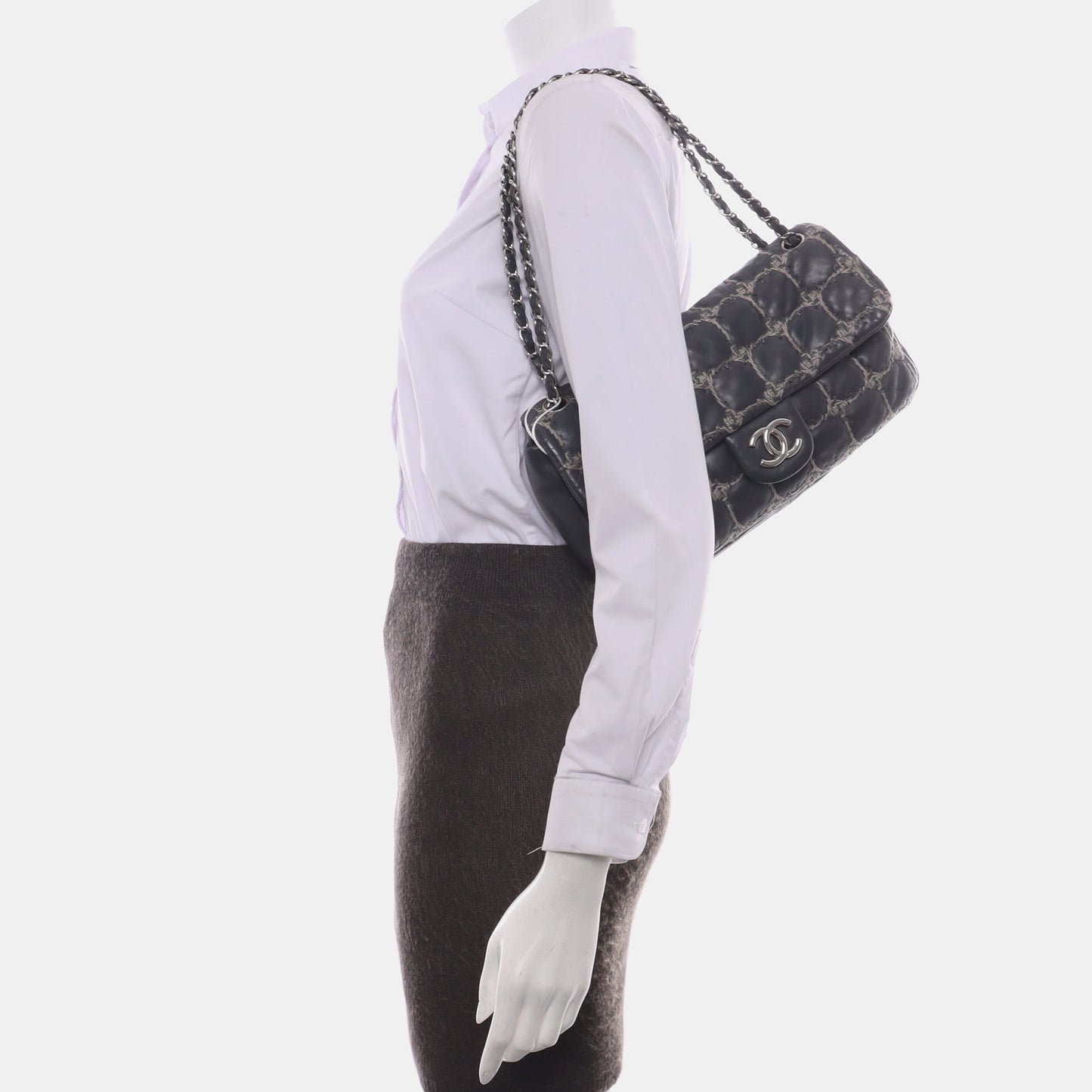 Chanel Tweed Square Stitch on Bubble Grey Leather Shoulder Bag
