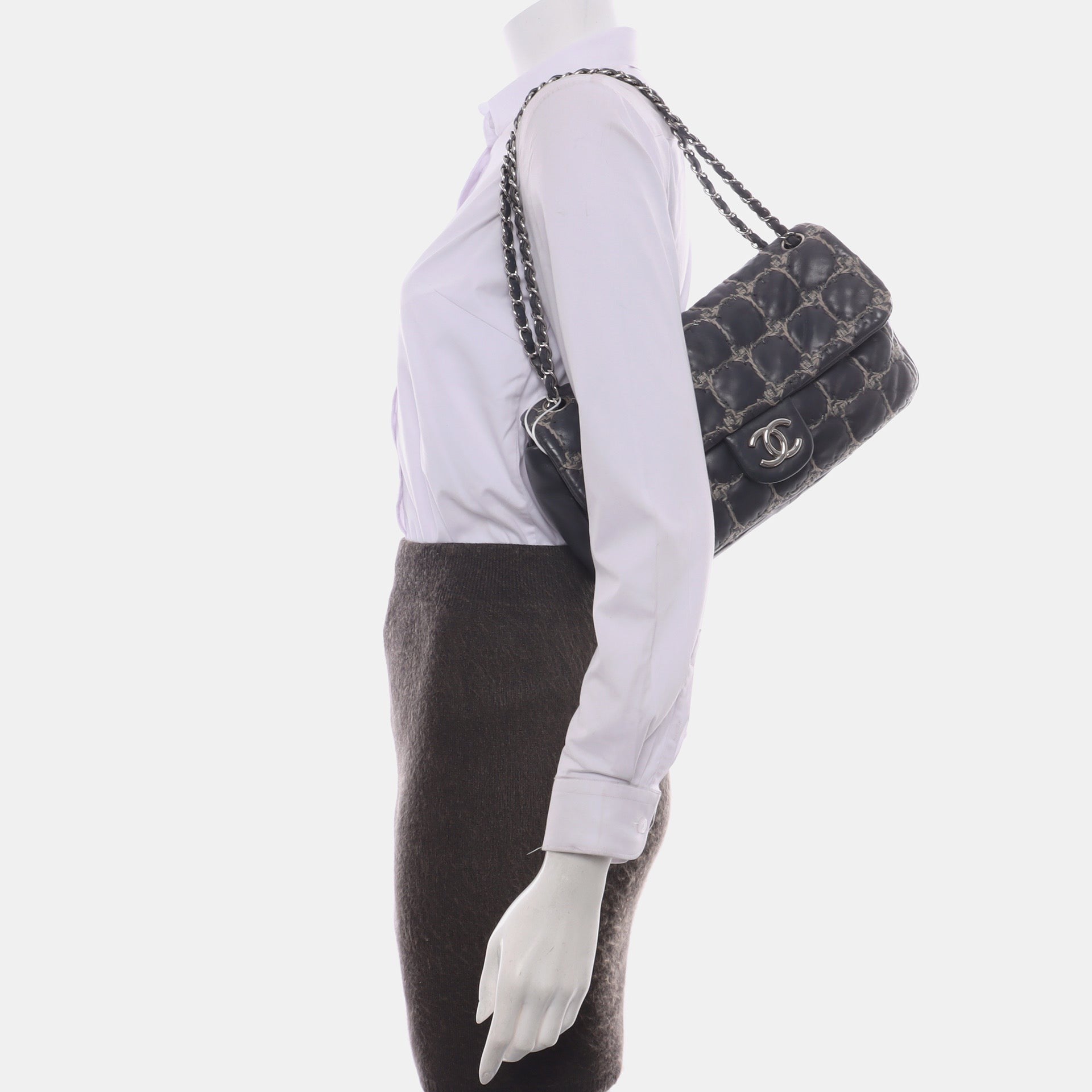 Chanel Tweed Square Stitch on Bubble Grey Leather Shoulder Bag