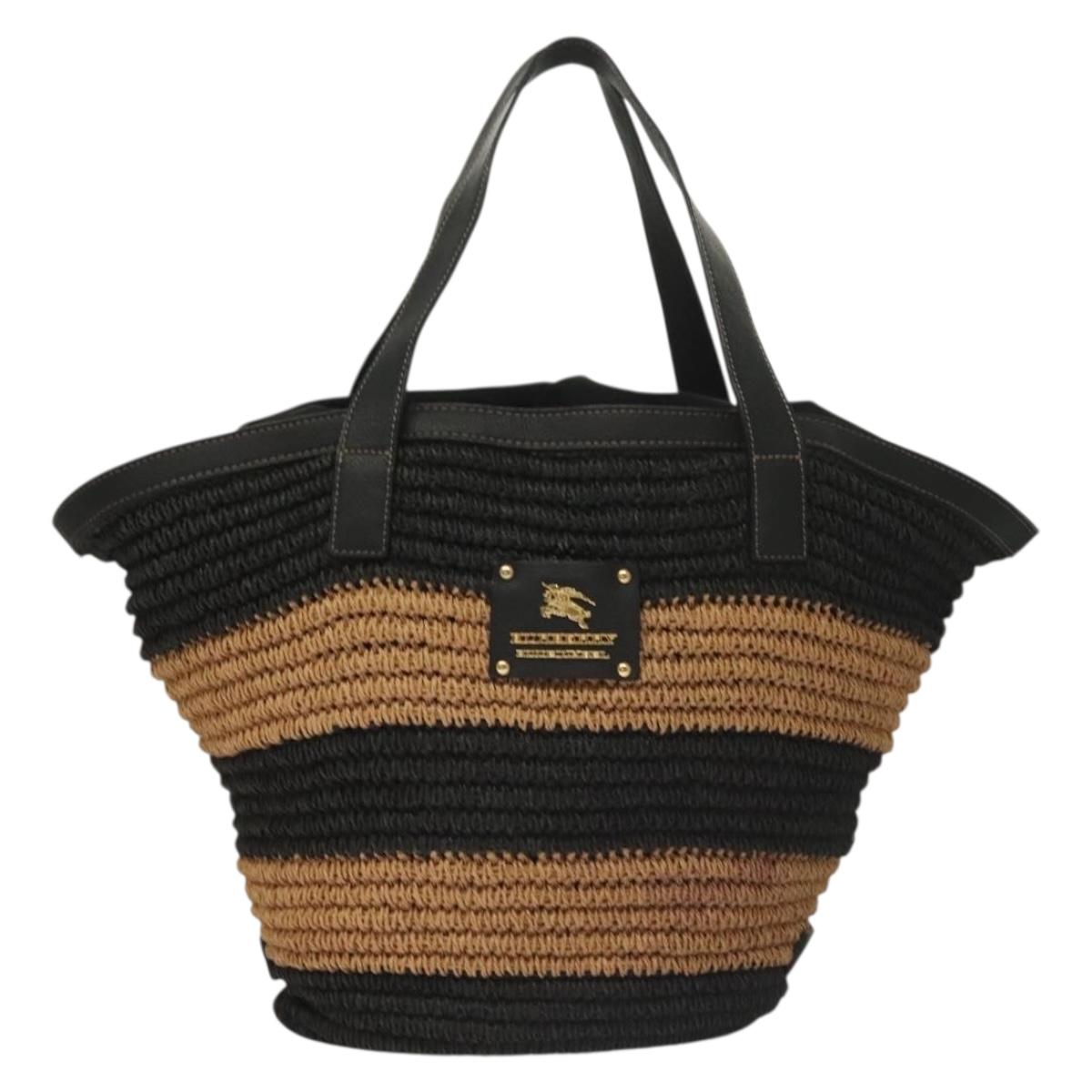 Burberry Label Tote Bag Wicker Black Blue
