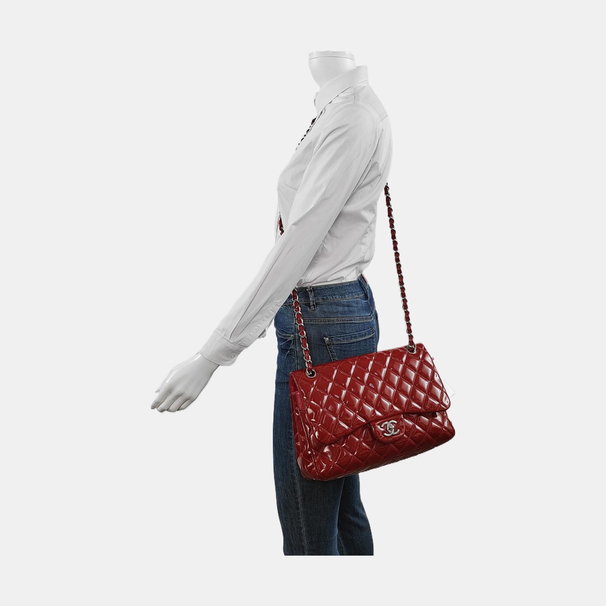Chanel Classic Flap Jumbo Patent Double Flap Red Silver Leather Handbag