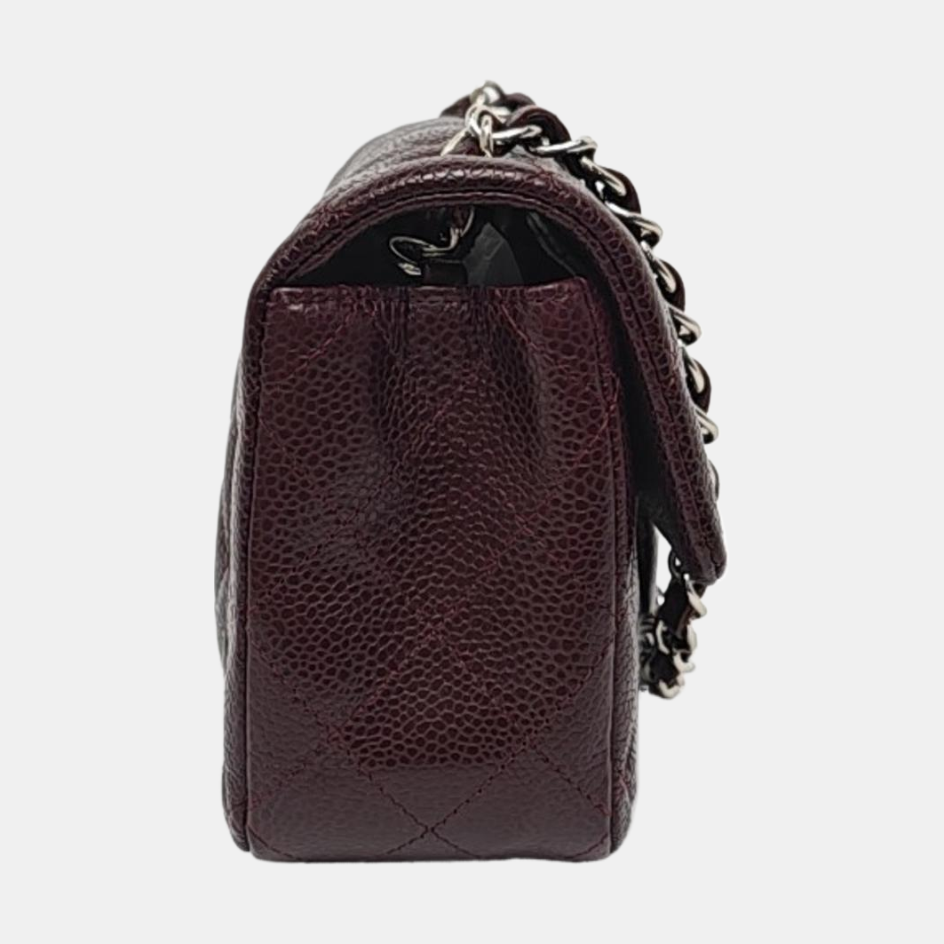 Chanel Classic Flap Rectangular Burgundy Caviar Hardware Silver Leather Mini Bag