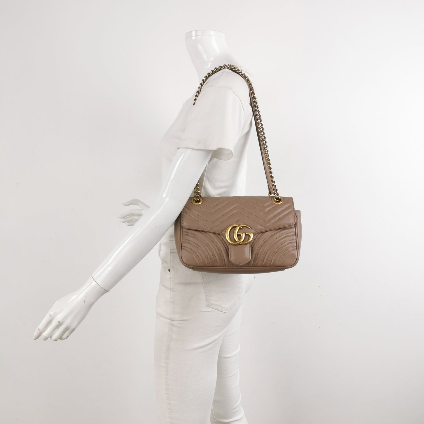 Gucci Marmont Flap Hardware Leather Calfskin Beige Gold Travel Bag