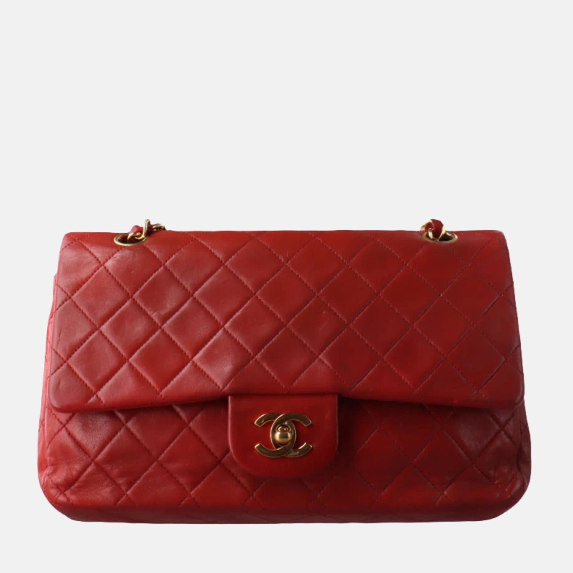 Chanel Classic Flap Lambskin 24k Hardware Red Gold Leather Handbag