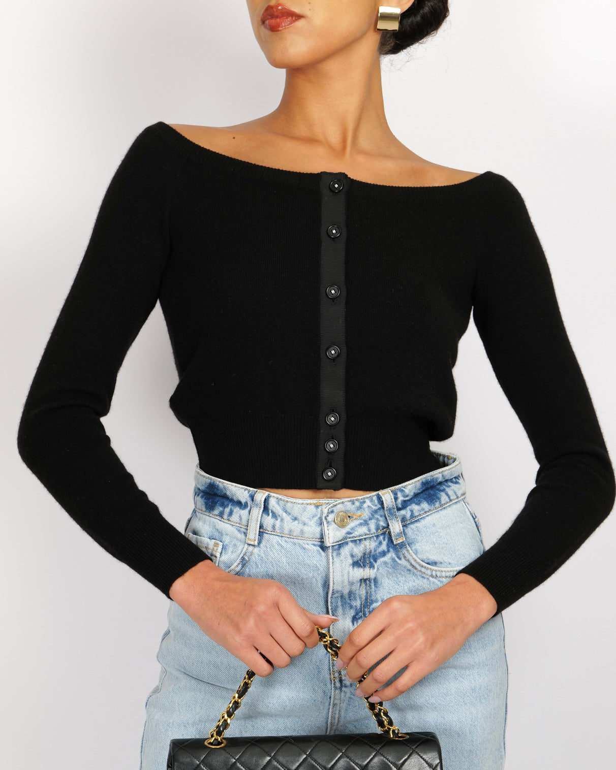 Chanel 95A Black Cashmere Cardigan With Black And White Cc Logo Buttons Size Fr 36 (Uk 8) Bag