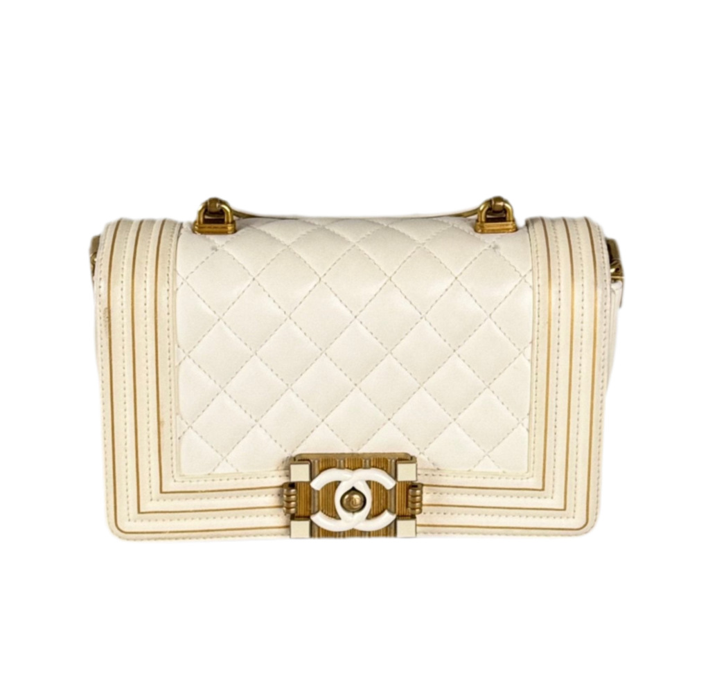 Chanel White Lambskin Boy Bag with Gold Hardware