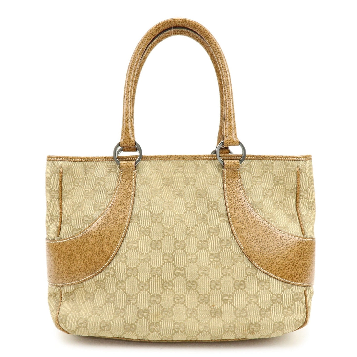 GUCCI GG Canvas Leather Tote Bag Hand Bag Beige Camel 113011