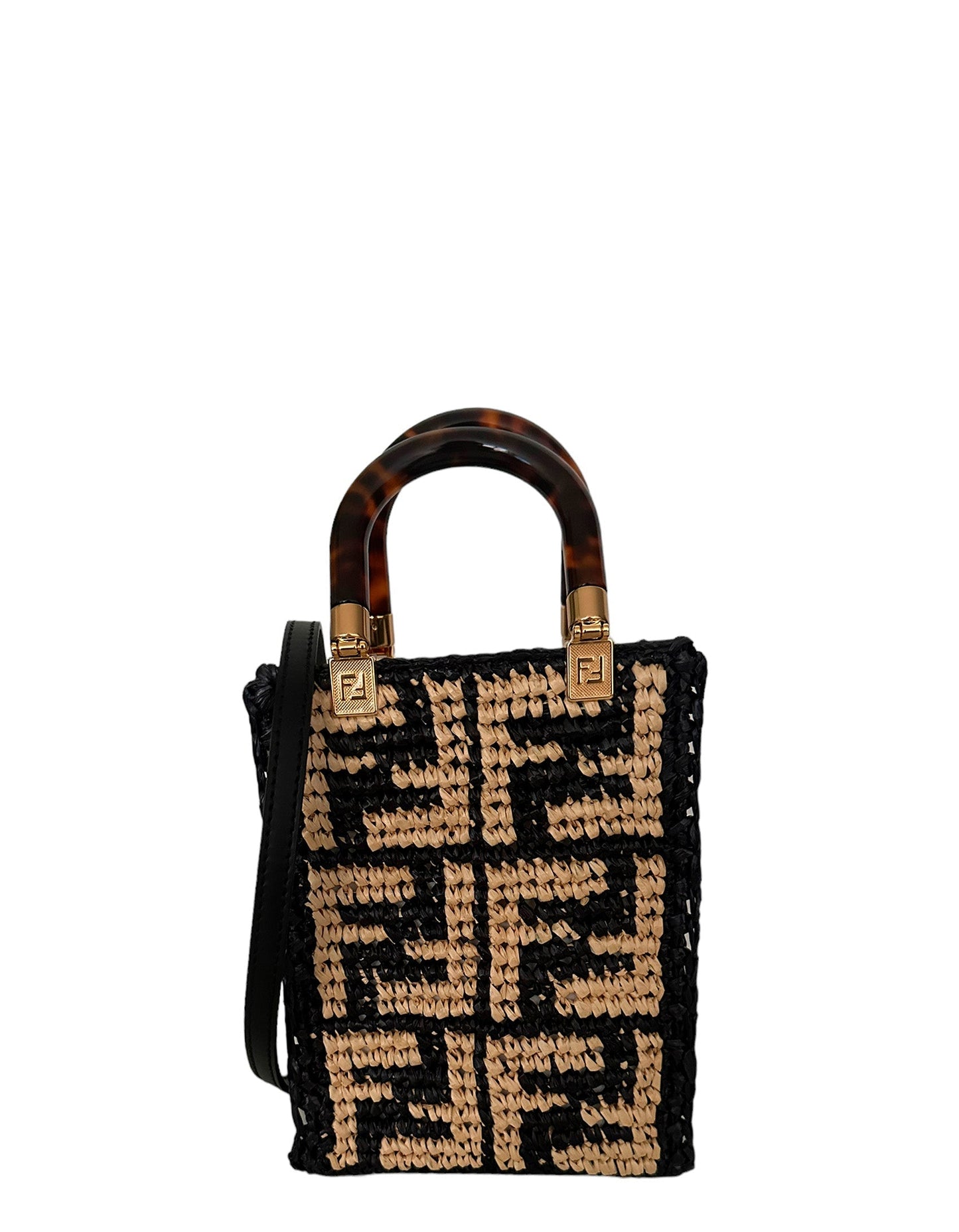 Fendi Handbag Mini Sunshine Shopper Tote Bag Leather Raffia Monogram Shoulder Bag