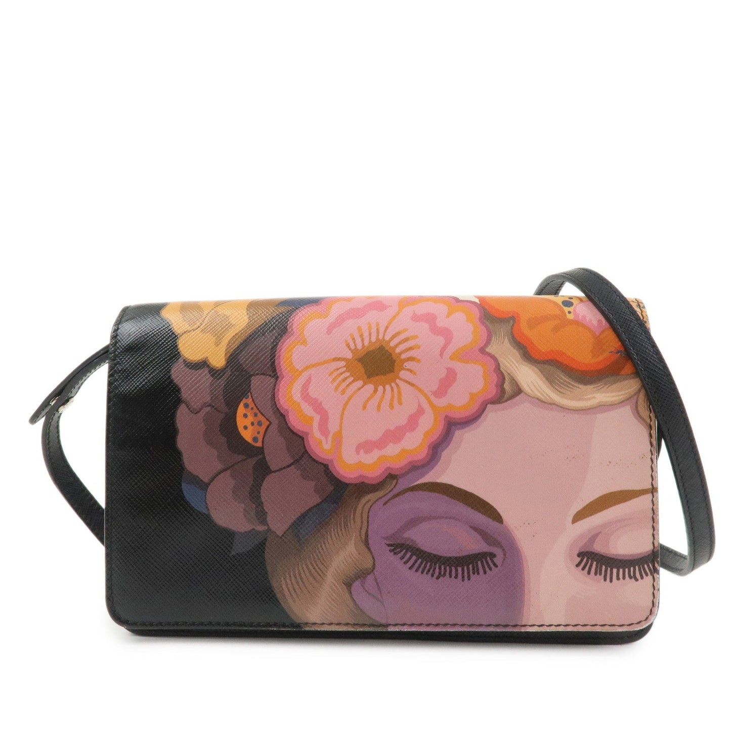 Shoulder Bag Flower Print Hand Bag Leather Saffiano Black