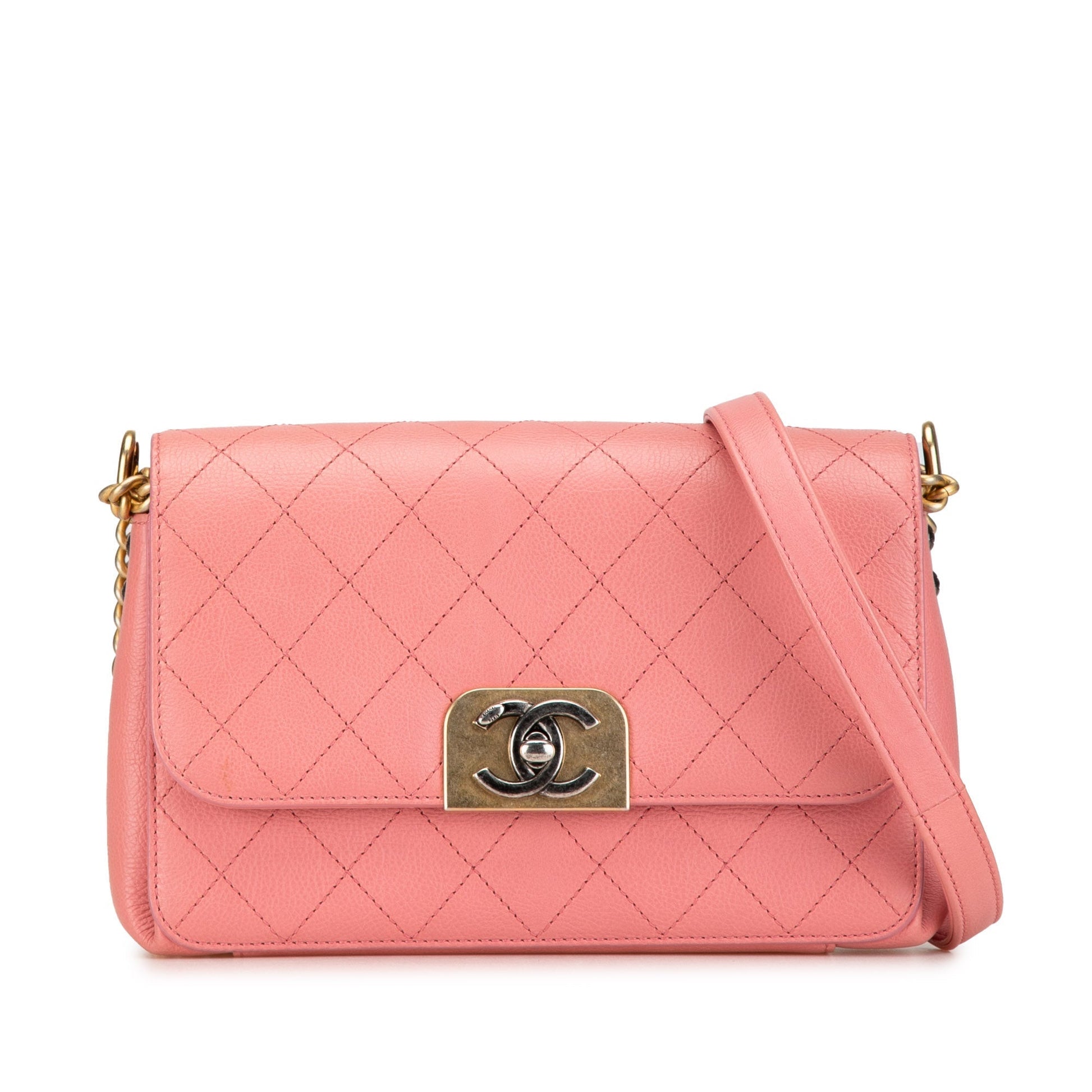 Pink Chanel Quilted Calfskin Straight Lined Flap Crossbody Bag
