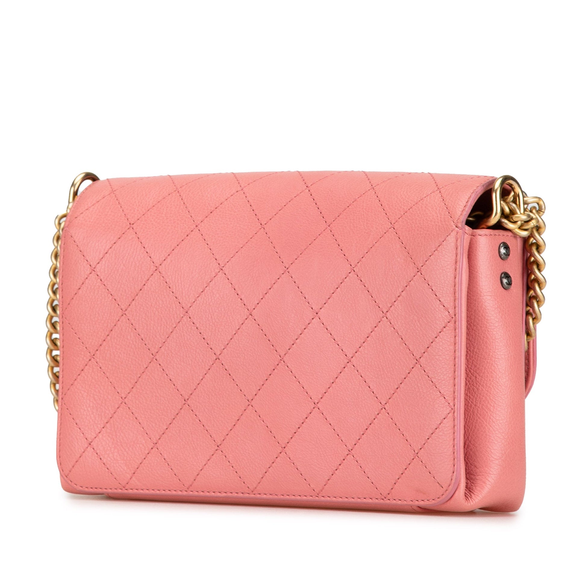 Pink Chanel Quilted Calfskin Straight Lined Flap Crossbody Bag