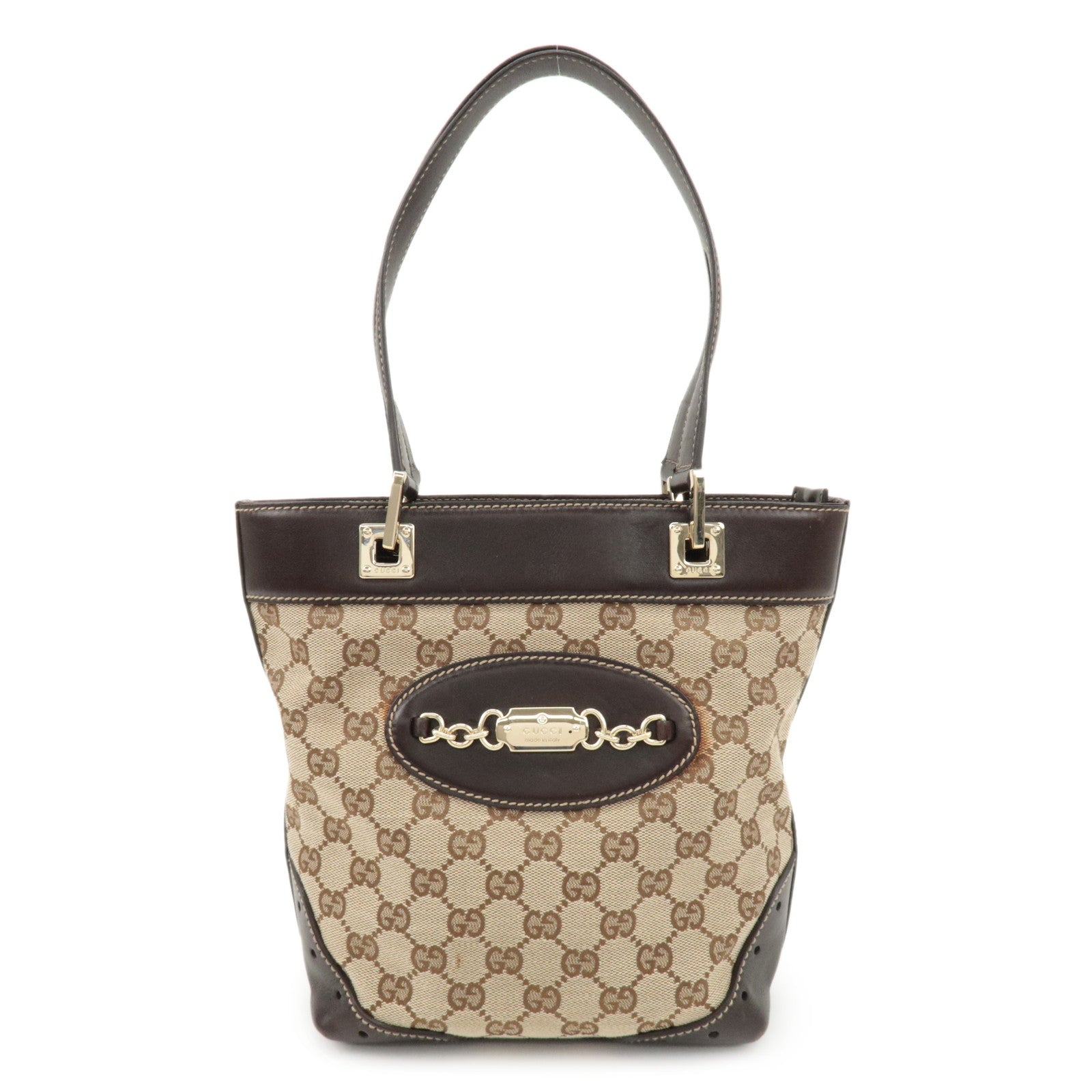 GUCCI GG Canvas Leather Tote Bag Hand Bag Beige Dark Brown 145994