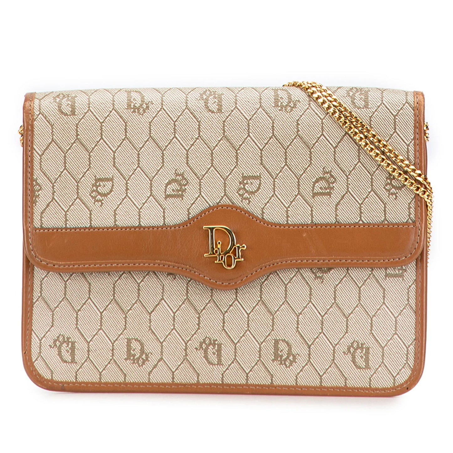 Dior Handbag Honeycomb Coated Shoulder Bag Canvas Brown Chain