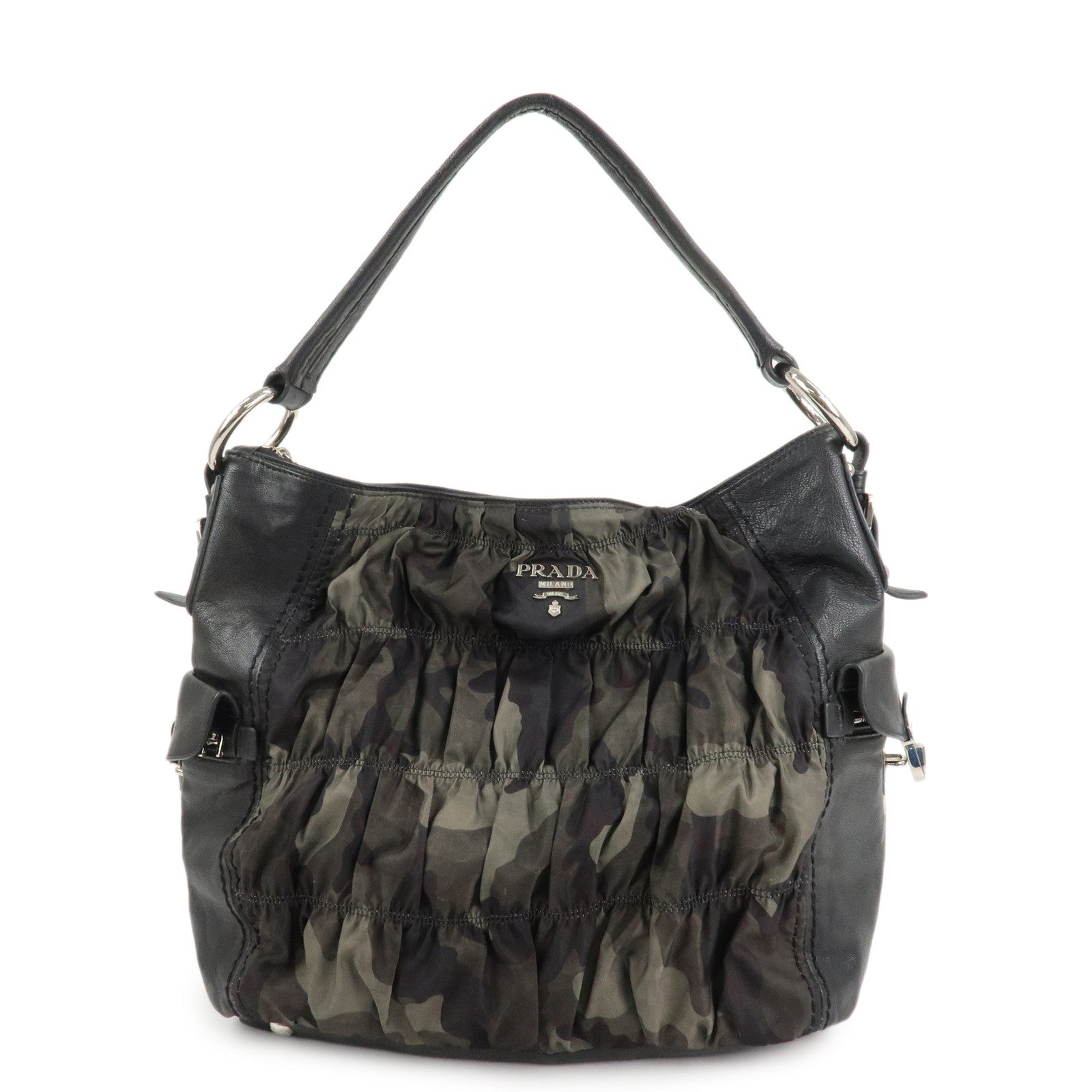 Shoulder Bag Gathered 2Way Shoulder Hand Bag Leather Nylon Logo
