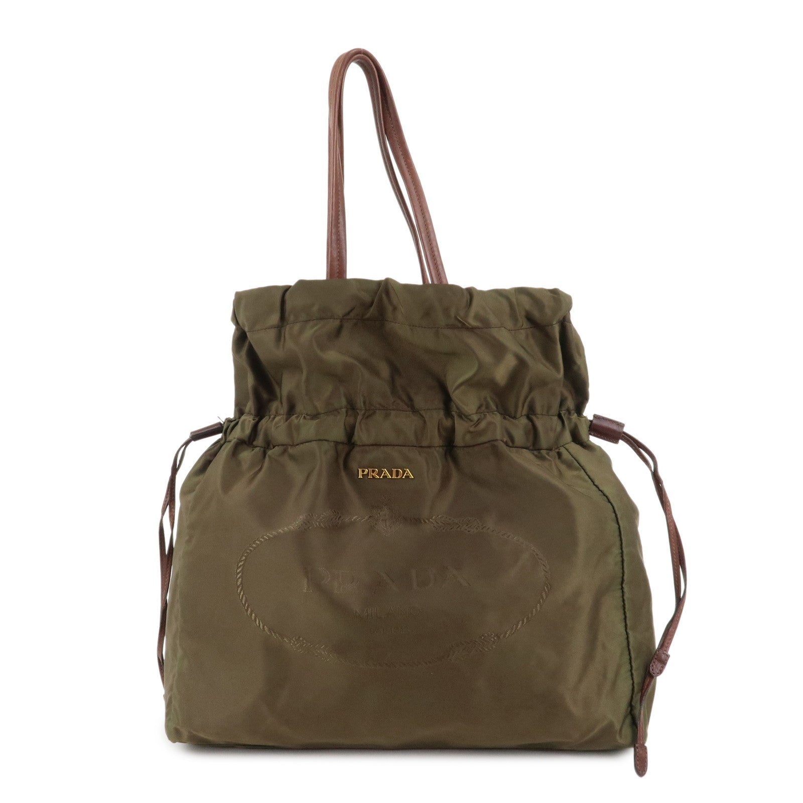 Tote Bag Drawstring Shoulder Bag Leather Nylon Brown